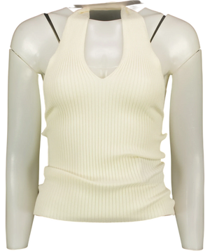 Commense White Ribbed Crisscross Halter Neck Knit Top With Horsebit Detail Off-white UK XS