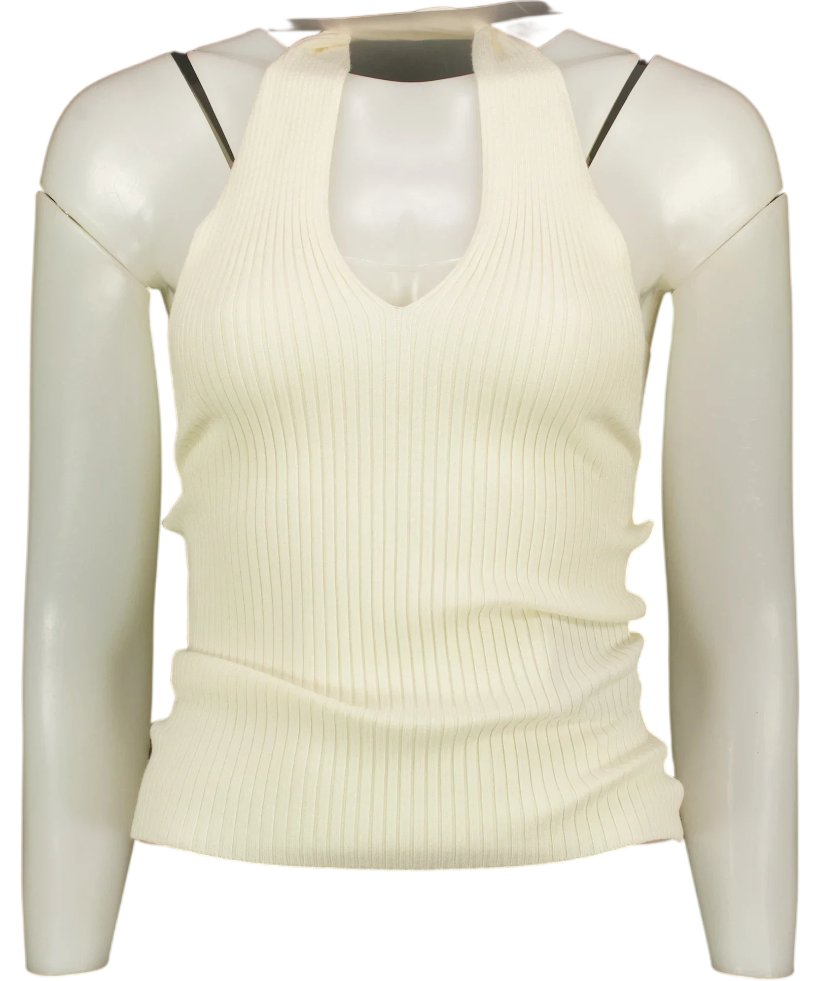 Commense White Ribbed Crisscross Halter Neck Knit Top with horsebit detail Off-White, size UK XS — front