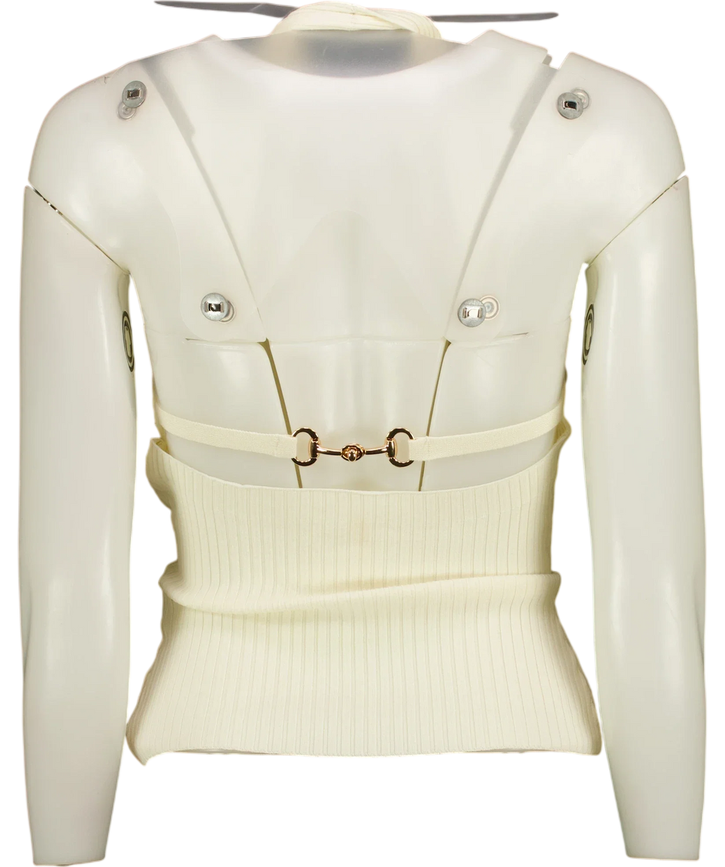 Commense White Ribbed Crisscross Halter Neck Knit Top with horsebit detail Off-White, size UK XS — back