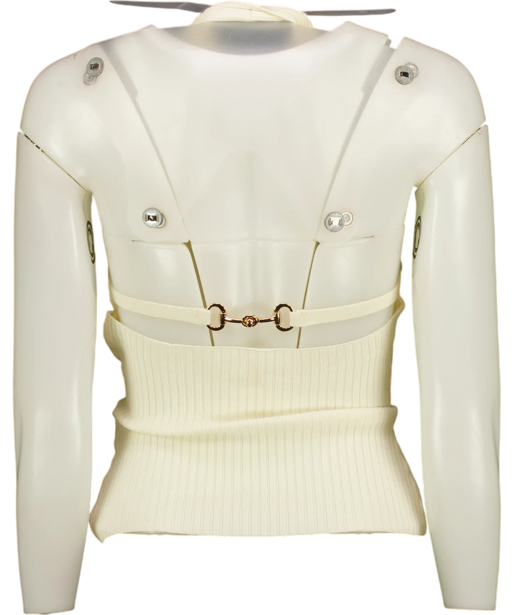 Commense White Ribbed Crisscross Halter Neck Knit Top with horsebit detail Off-White, size UK XS — back