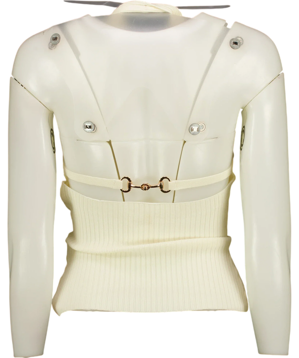 Commense White Ribbed Crisscross Halter Neck Knit Top with horsebit detail Off-White, size UK XS — back