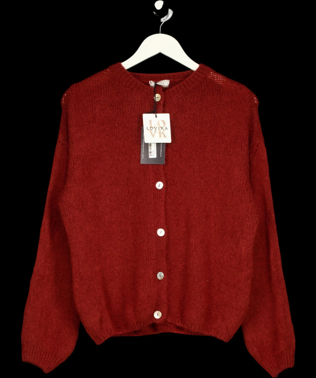LOVIKA PARIS Red Fluffy Knit Crew Neck Button-Up Cardigan  Burgundy Red — detail