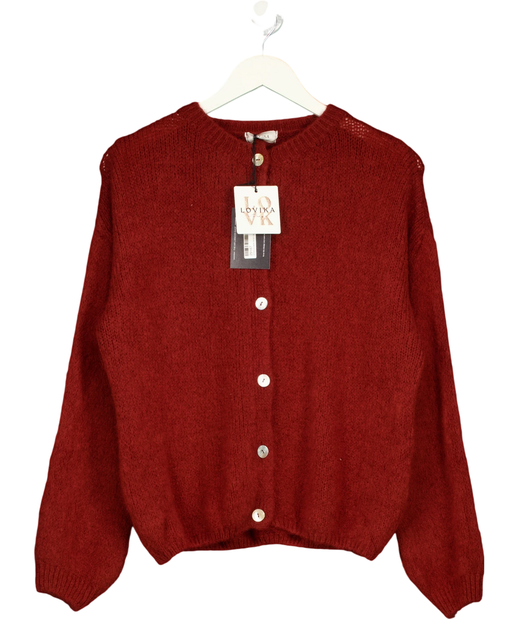 LOVIKA PARIS Red Fluffy Knit Crew Neck Button-Up Cardigan  Burgundy Red — front