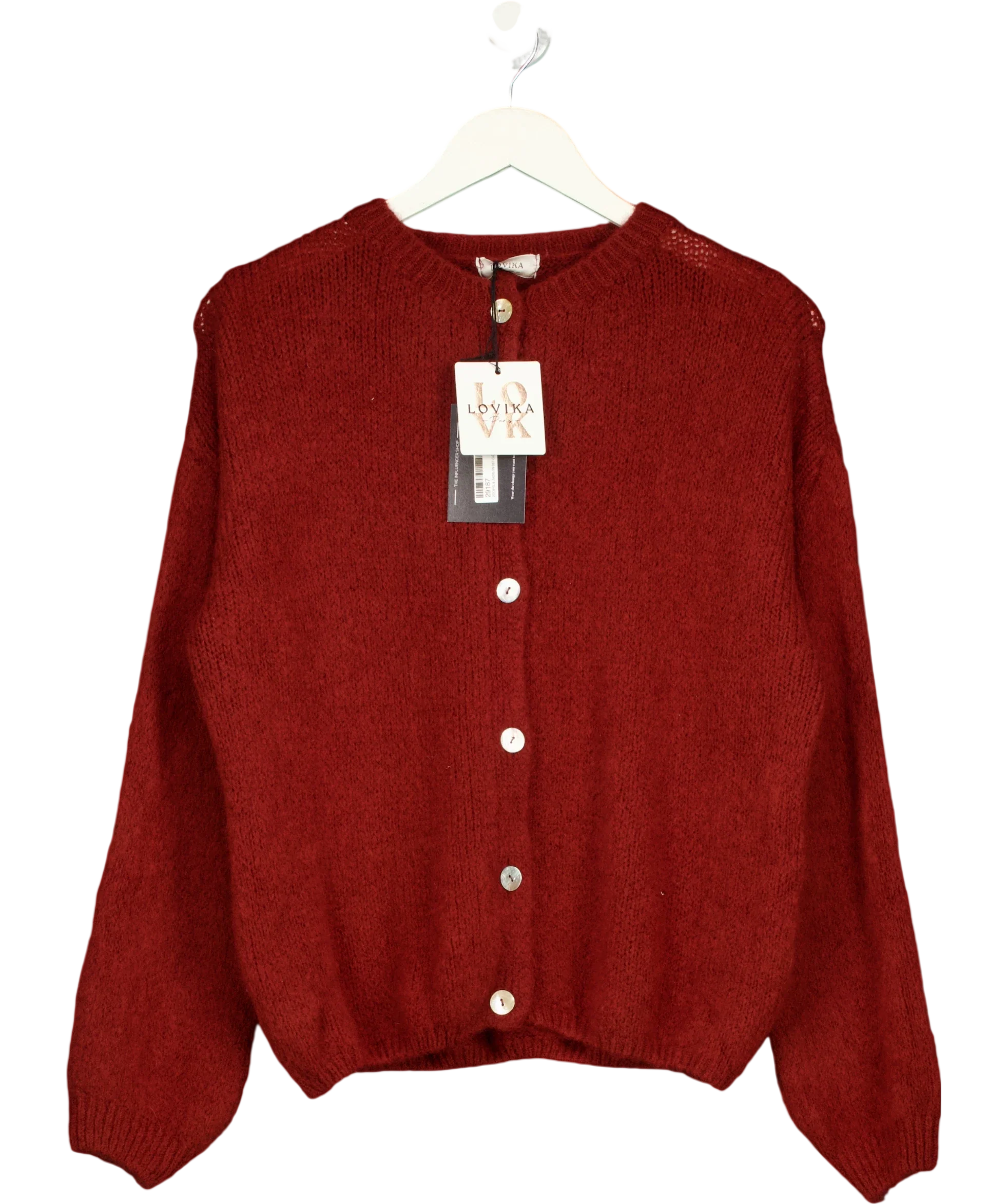 LOVIKA PARIS Red Fluffy Knit Crew Neck Button-Up Cardigan  Burgundy Red — front