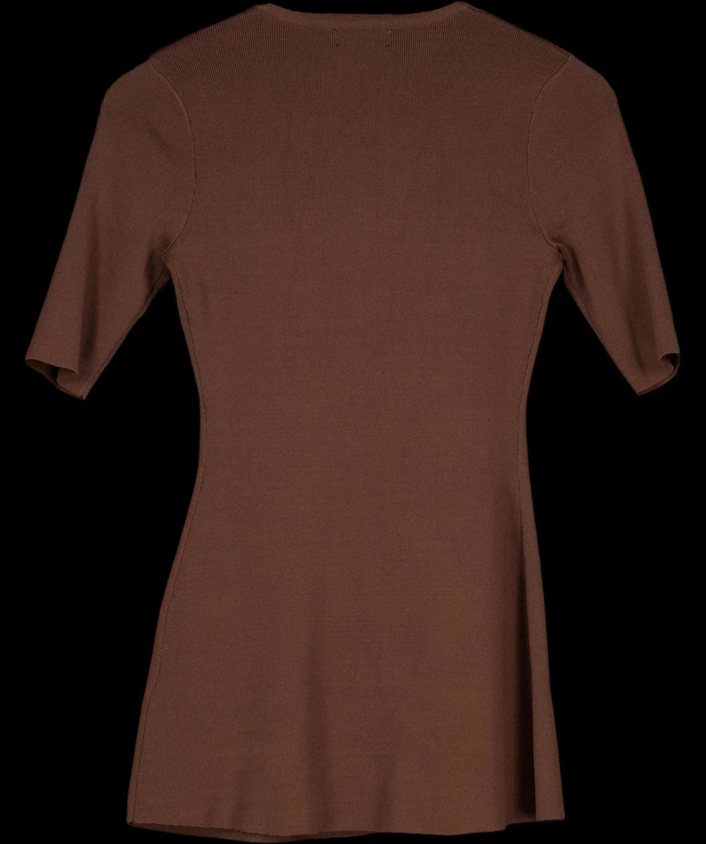 PRETTY LAVISH Brown Lilah Longline Knit Short Sleeve Top Chocolate Brown, size UK XS — label