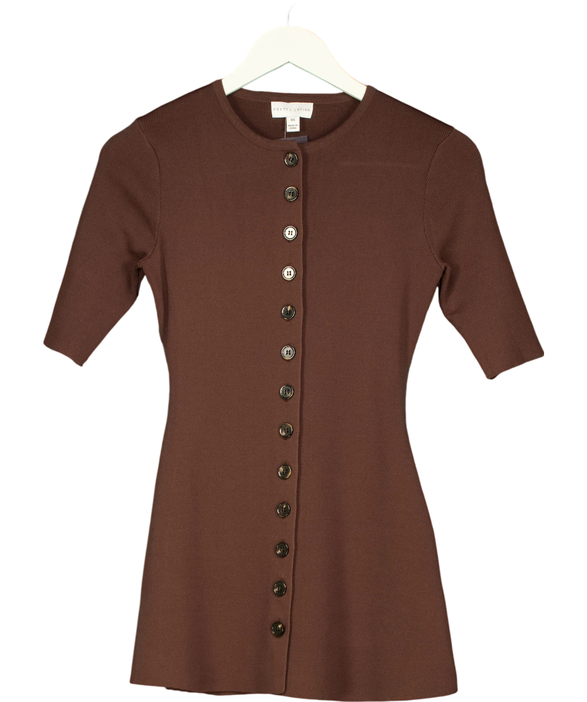 PRETTY LAVISH Brown Lilah Longline Knit Short Sleeve Top Chocolate Brown, size UK XS — front