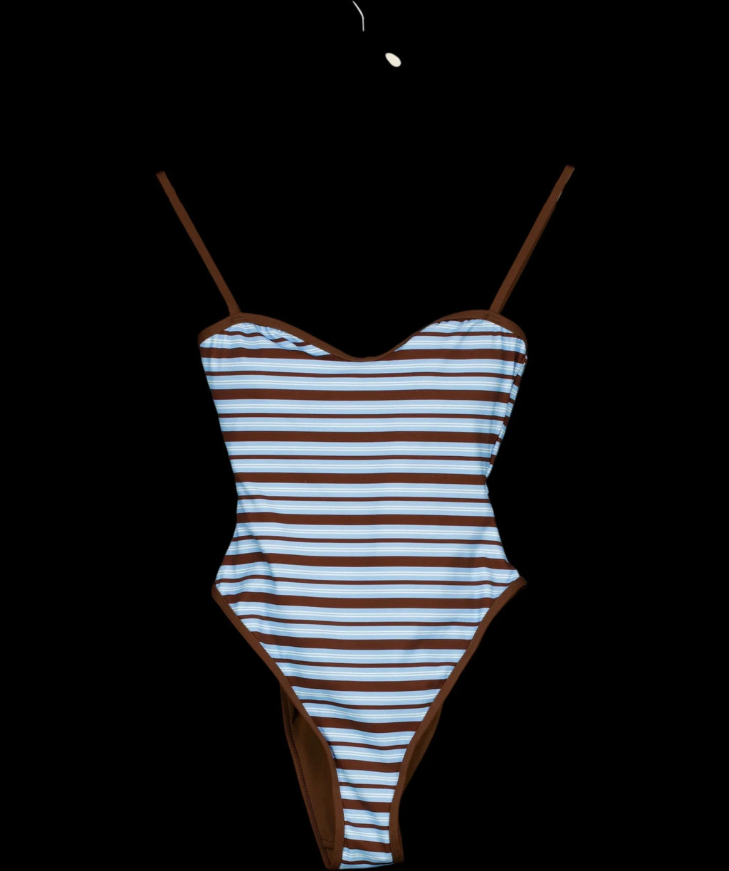 4th & Reckless Blue Brooke Blue and Chocolate Stripe High Leg Swimsuit, size UK 8 — detail