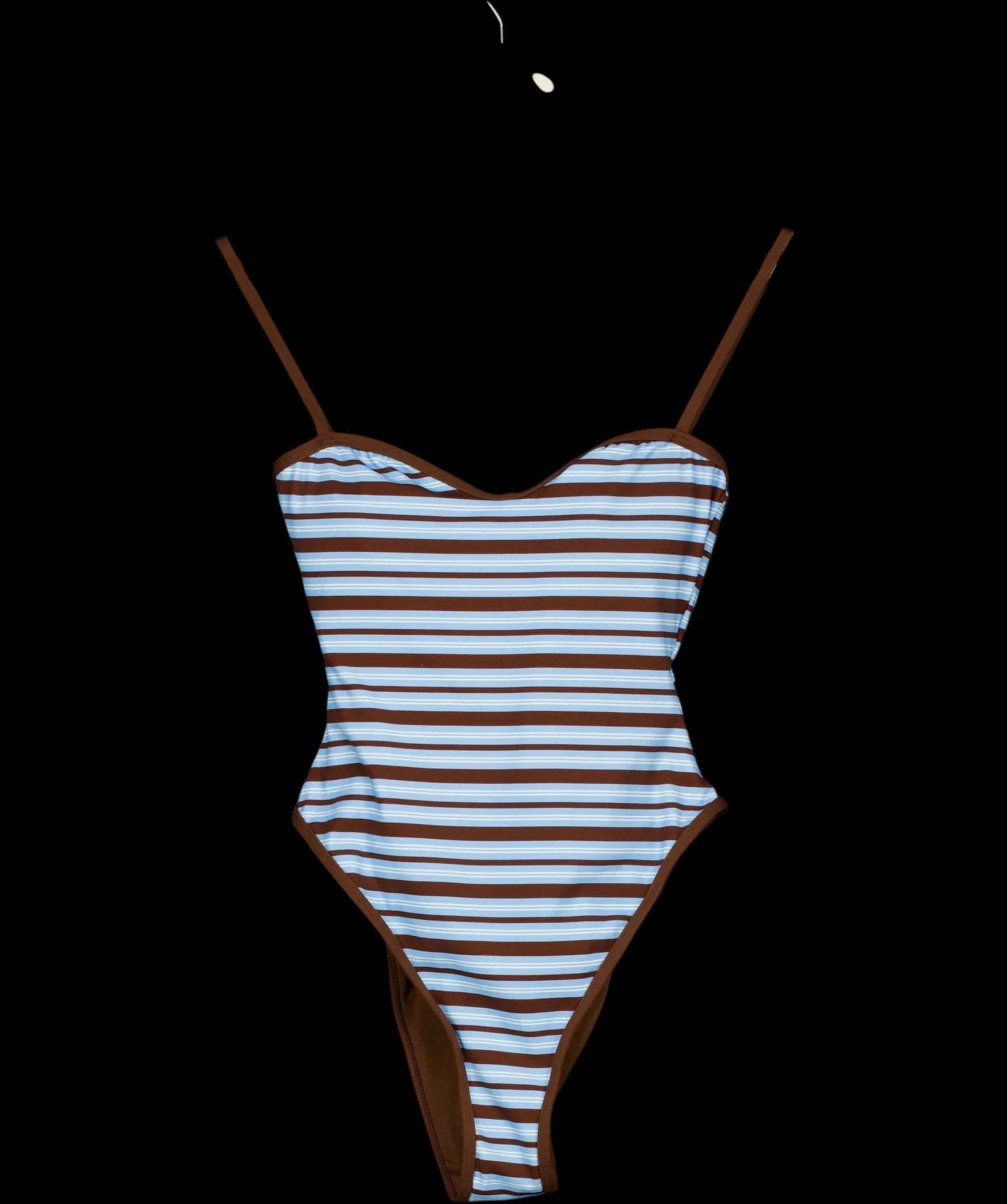 4th & Reckless Blue Brooke Blue and Chocolate Stripe High Leg Swimsuit, size UK 8 — detail