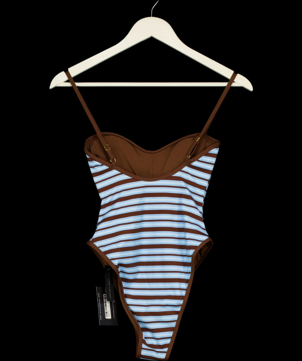 4th & Reckless Blue Brooke Blue and Chocolate Stripe High Leg Swimsuit, size UK 8 — label