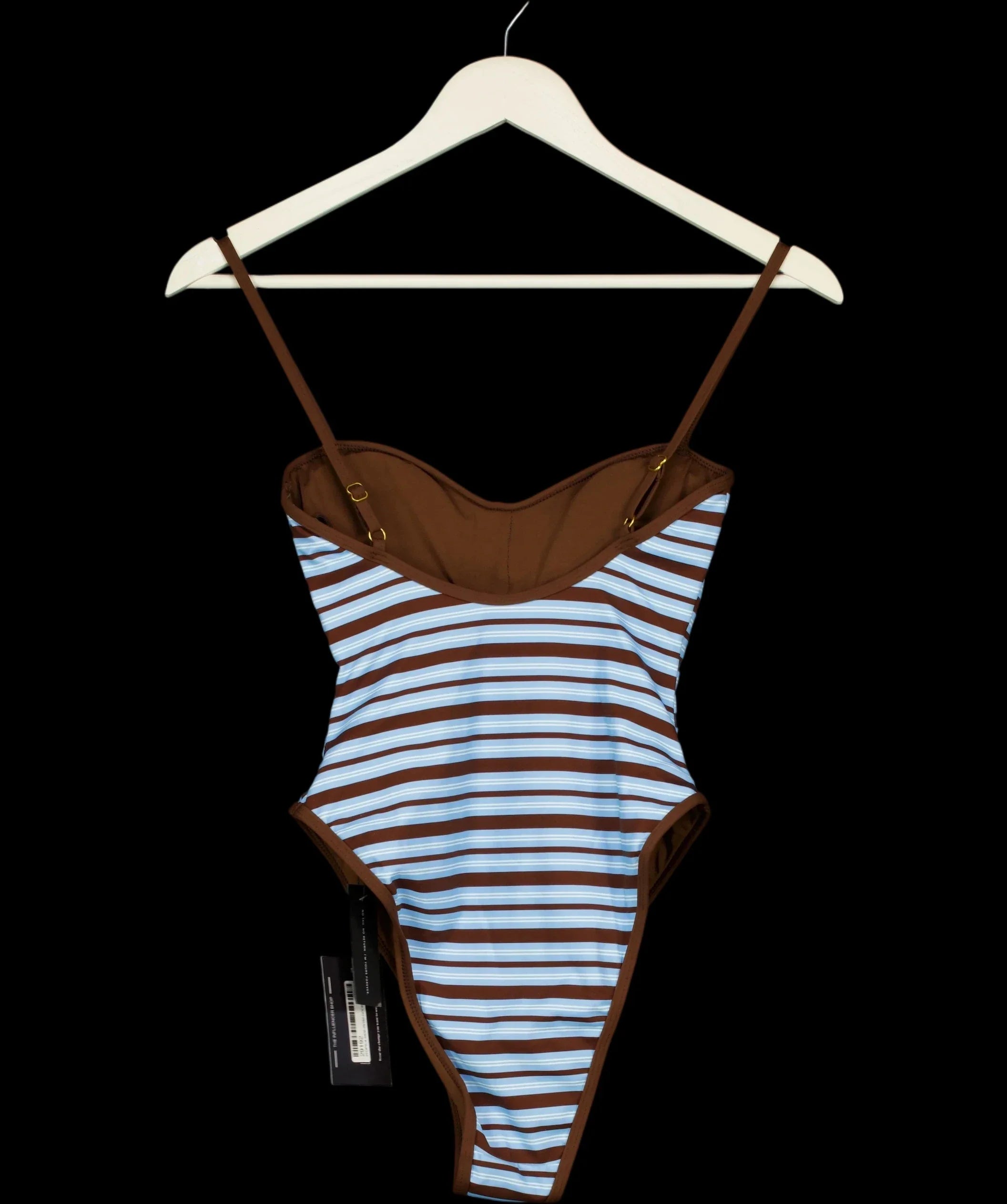 4th & Reckless Blue Brooke Blue and Chocolate Stripe High Leg Swimsuit, size UK 8 — label