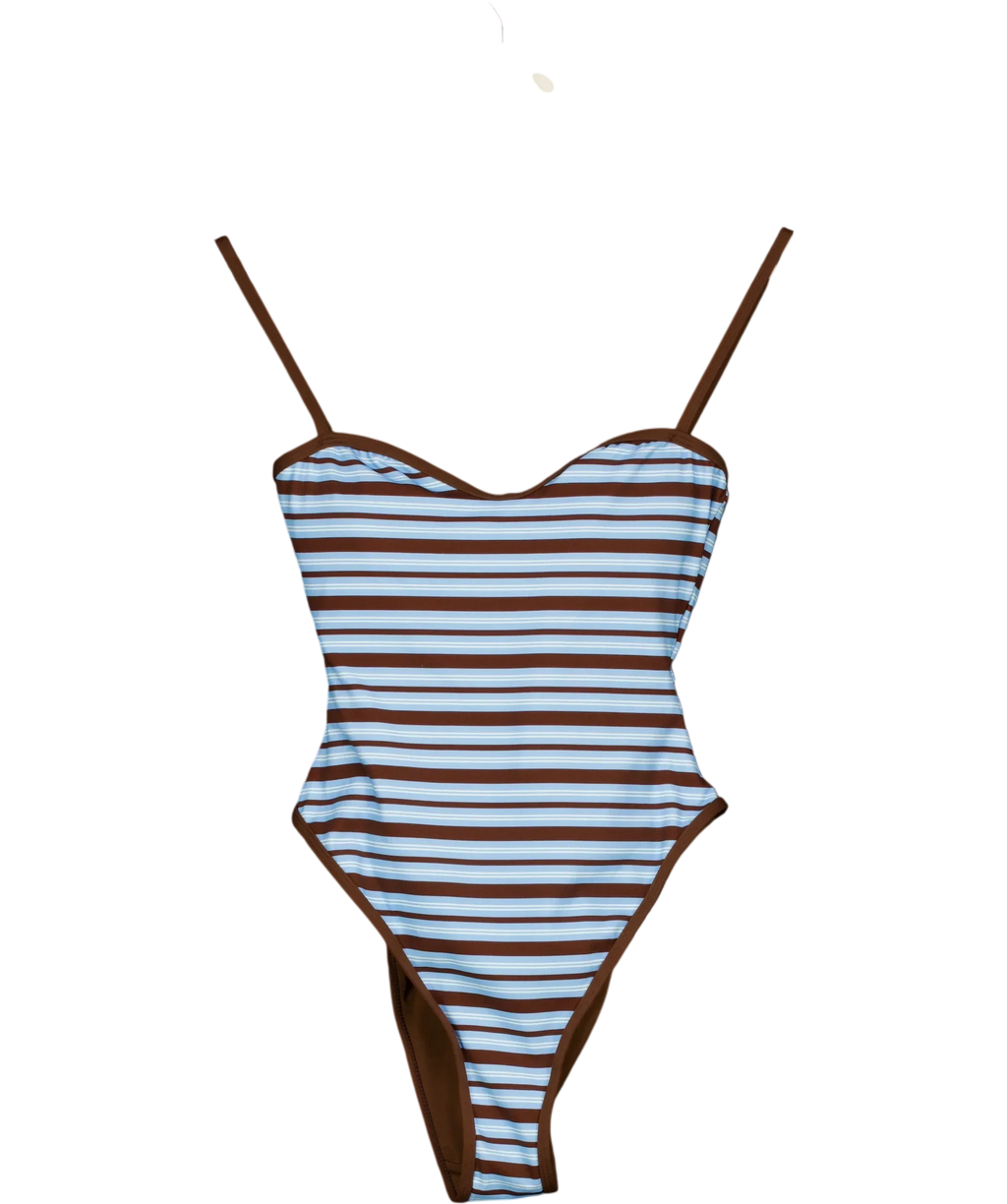 4th & Reckless Blue Brooke Blue and Chocolate Stripe High Leg Swimsuit, size UK 8 — front