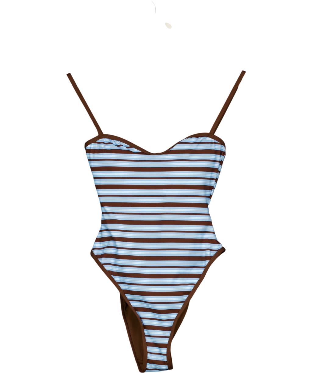 4th & Reckless Blue Brooke Blue and Chocolate Stripe High Leg Swimsuit, size UK 8 — front