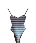 4th & Reckless Blue Brooke Blue and Chocolate Stripe High Leg Swimsuit, size UK 8 — front