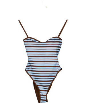 4th & Reckless Brooke Blue And Chocolate Stripe High Leg Swimsuit UK 8