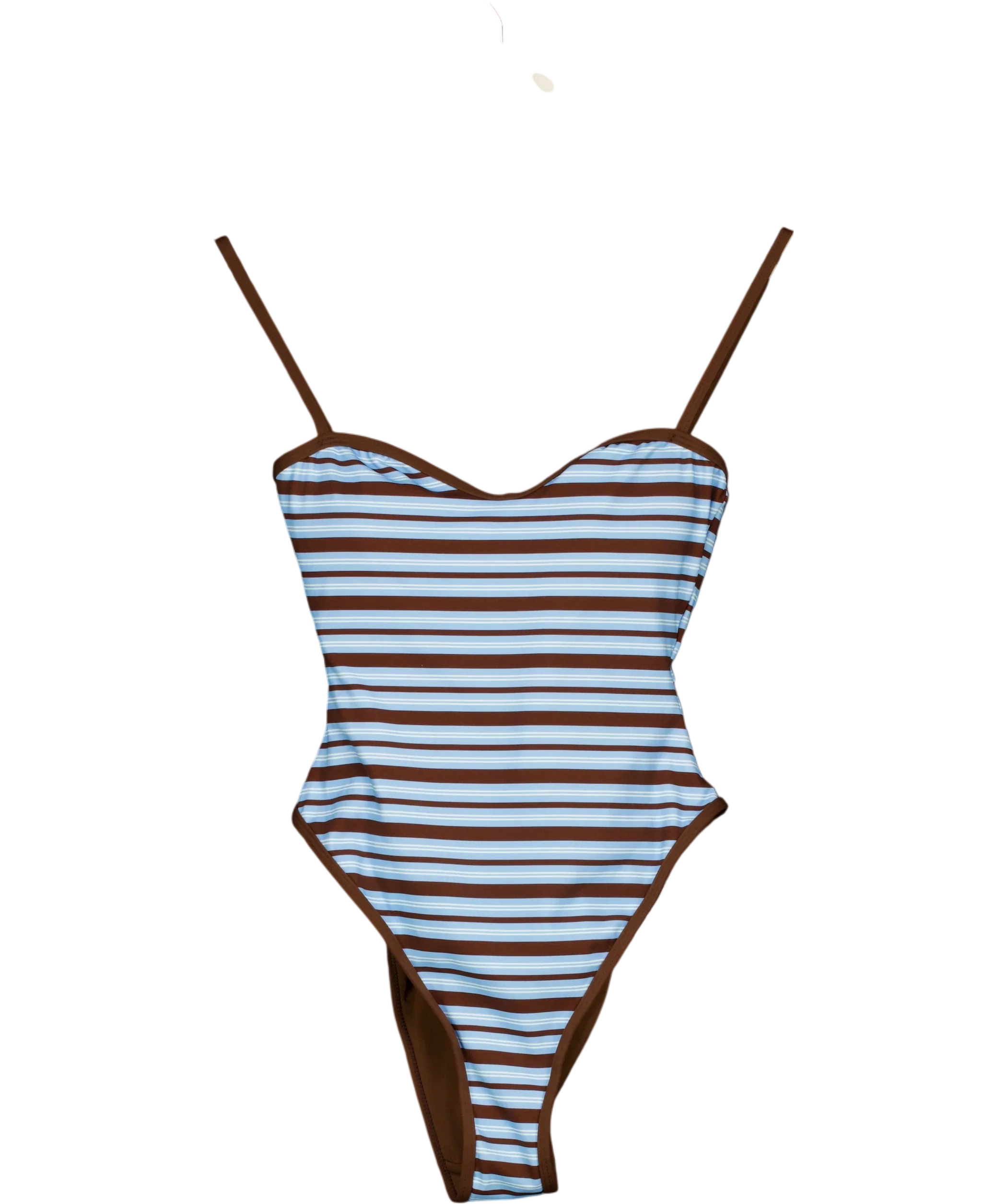 4th & Reckless Blue Brooke Blue and Chocolate Stripe High Leg Swimsuit, size UK 8 — front
