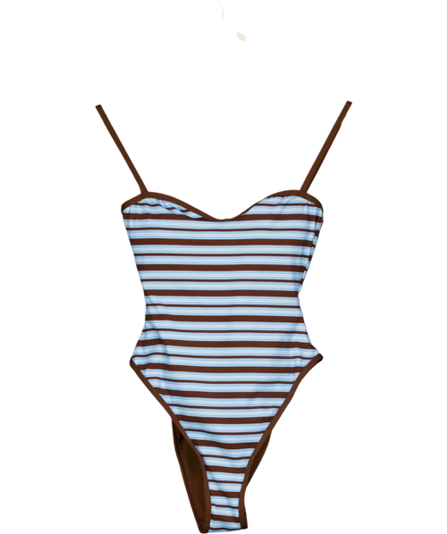 4th & Reckless Blue Brooke Blue and Chocolate Stripe High Leg Swimsuit, size UK 8 — front