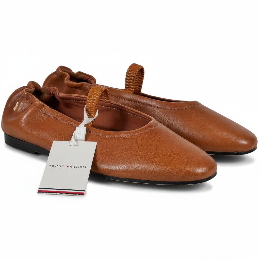 TOMMNY HILFIGER Tan Brown Leather Elasticated Strap Ballerinas UK 5 EU 38