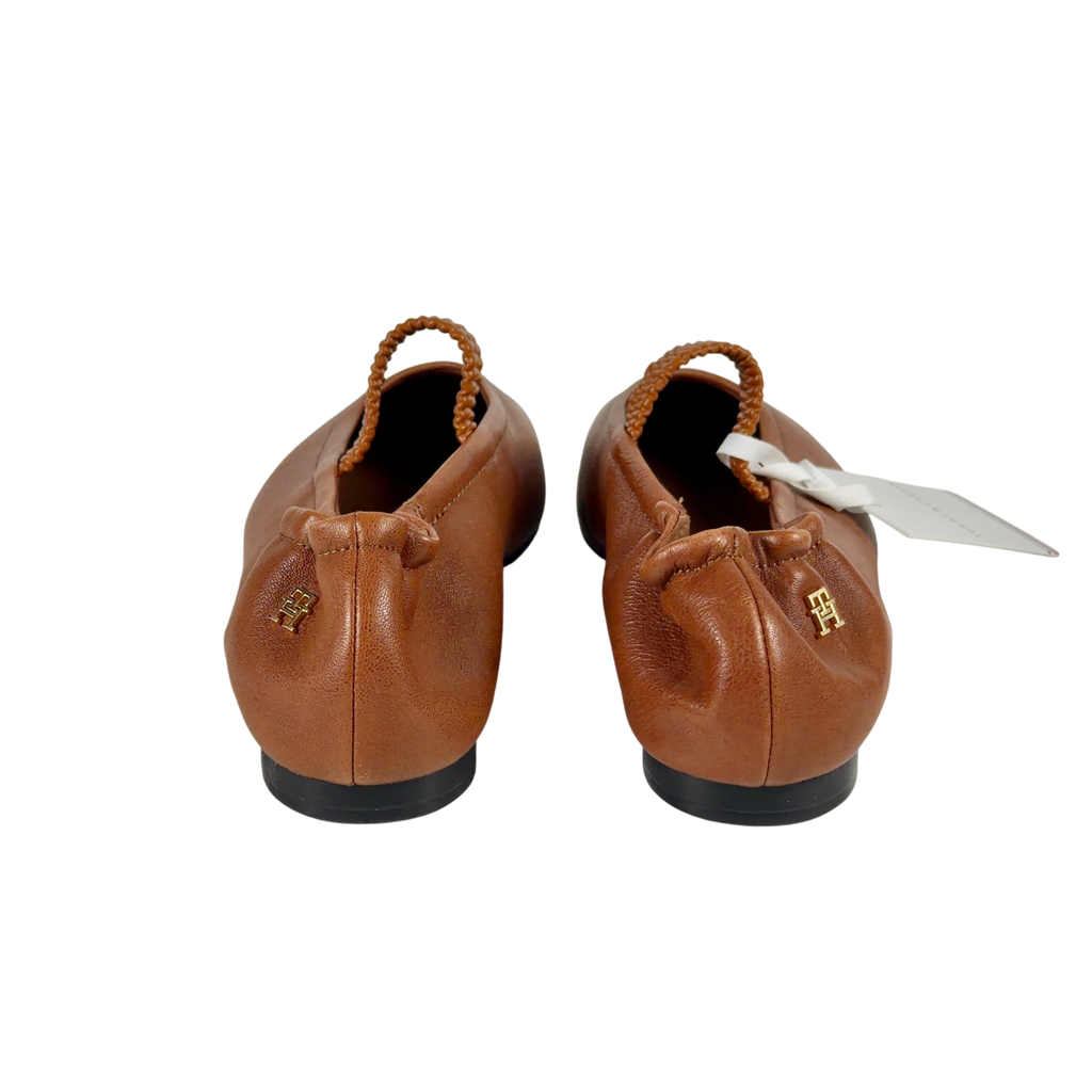 TOMMNY HILFIGER Tan Brown Leather Elasticated Strap Ballerinas UK 5 EU 38