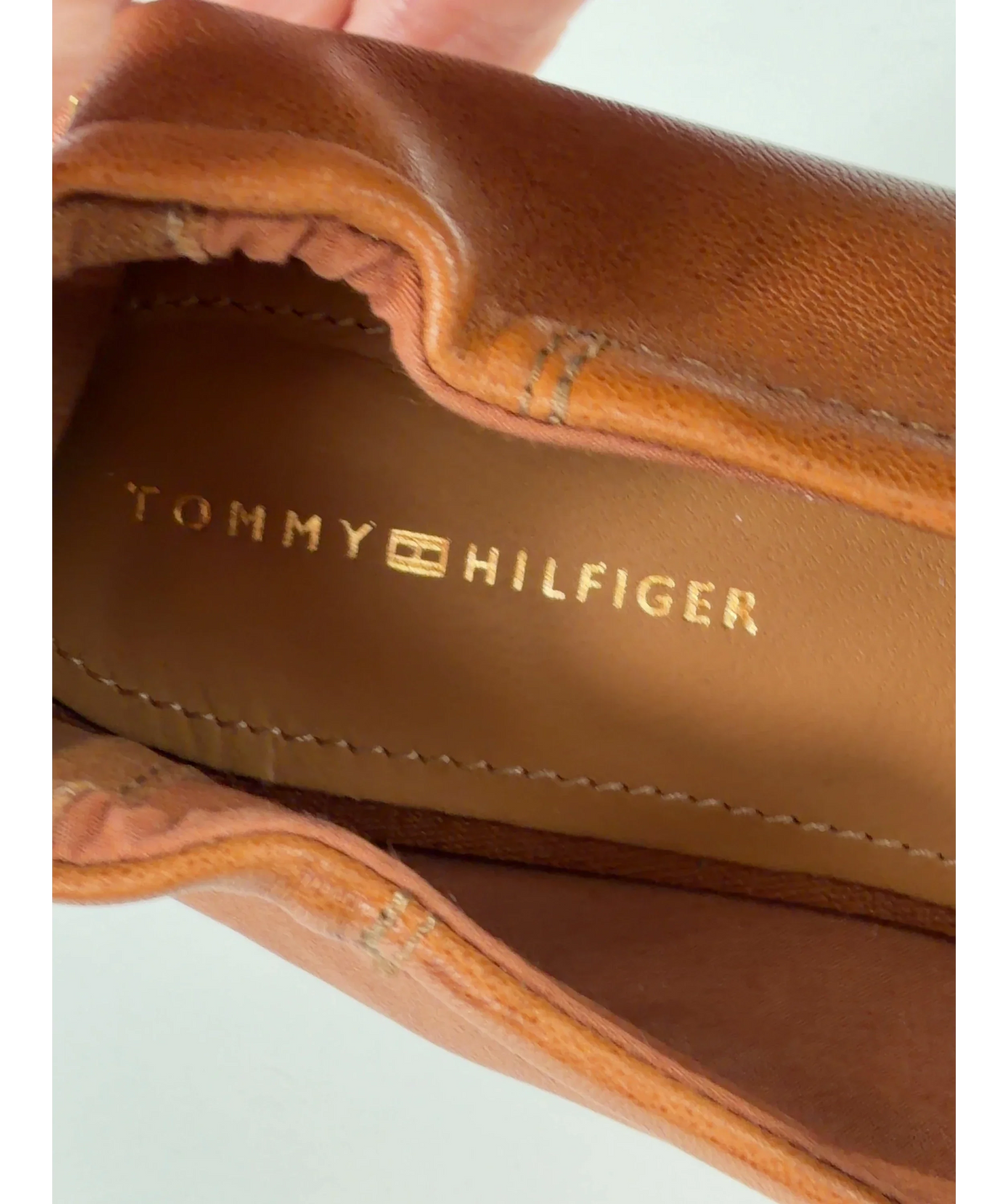 TOMMY HILFIGER Tan Brown Leather Elasticated Strap Ballerinas UK 5 EU 38 — Brand