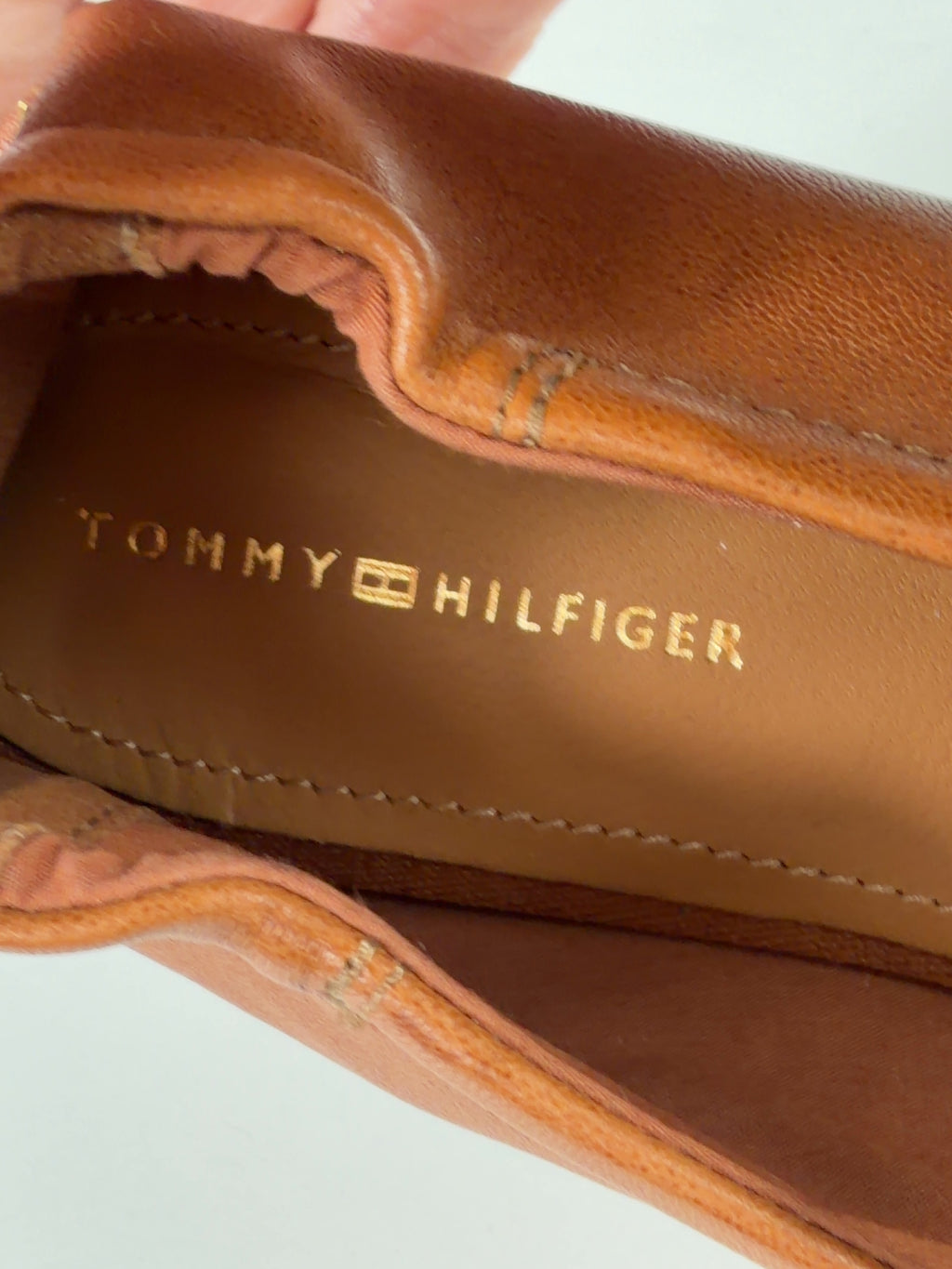 TOMMNY HILFIGER Brown TAN BROWN Leather Elasticated Strap Ballerinas, size UK 5 EU 38 👠 — care label