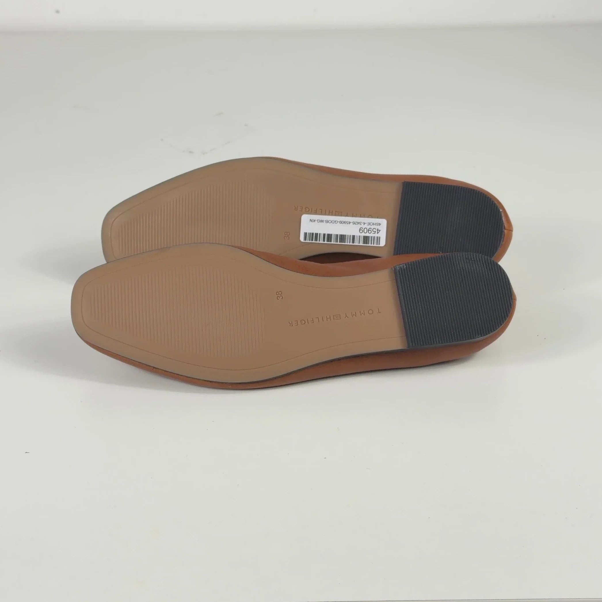 TOMMNY HILFIGER Brown TAN BROWN Leather Elasticated Strap Ballerinas, size UK 5 EU 38 👠 — fabric detail