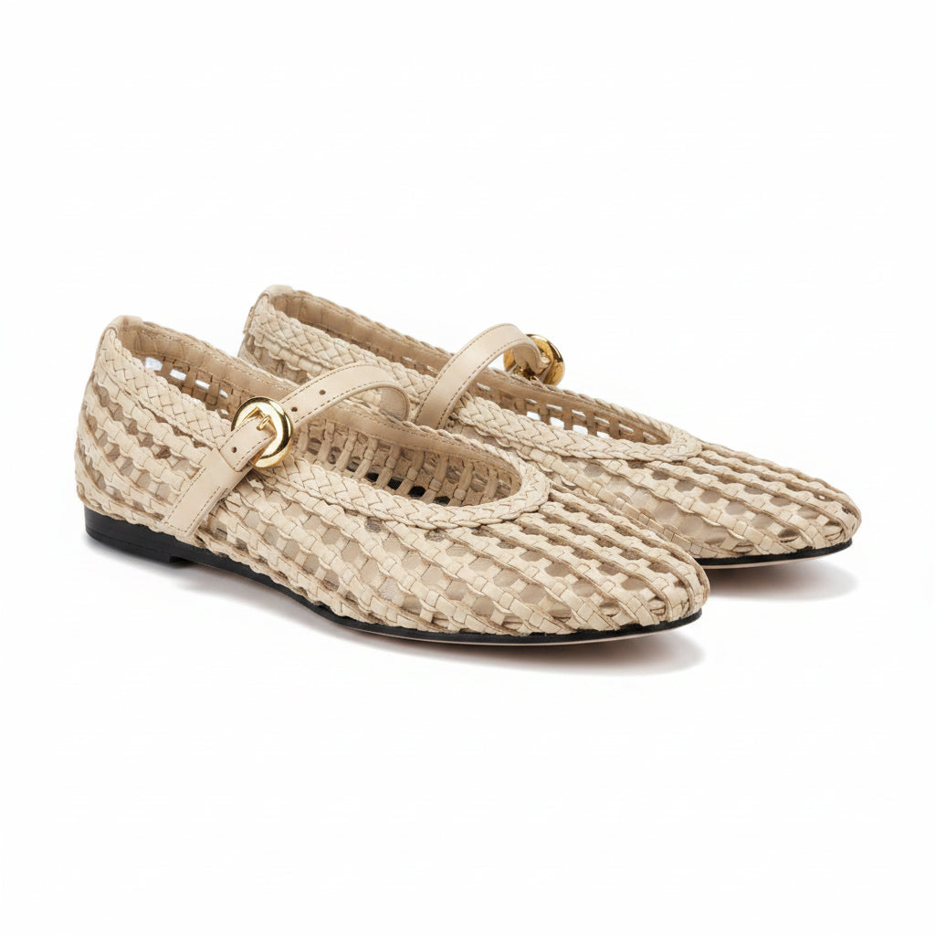 TOMMY HILFIGIER Cream Woven Mary Jane Ballerinas, size UK 5 EU 38 👠 — front