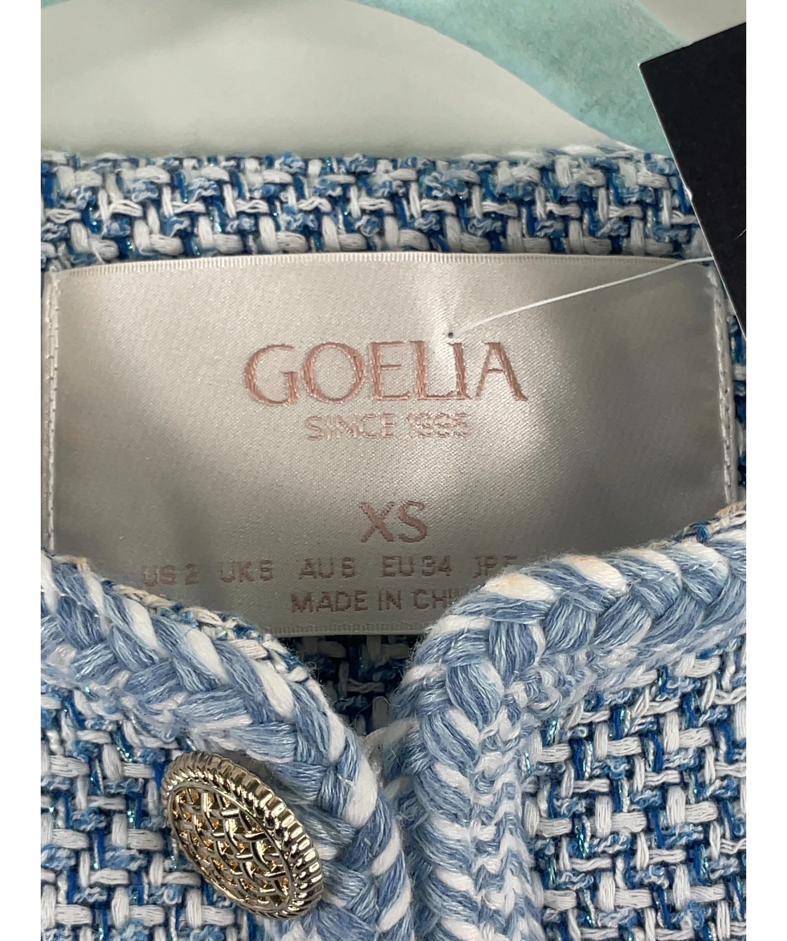 GOELIA Blue Round Neck TWEED Jacket Blue/White, size UK XS — detail