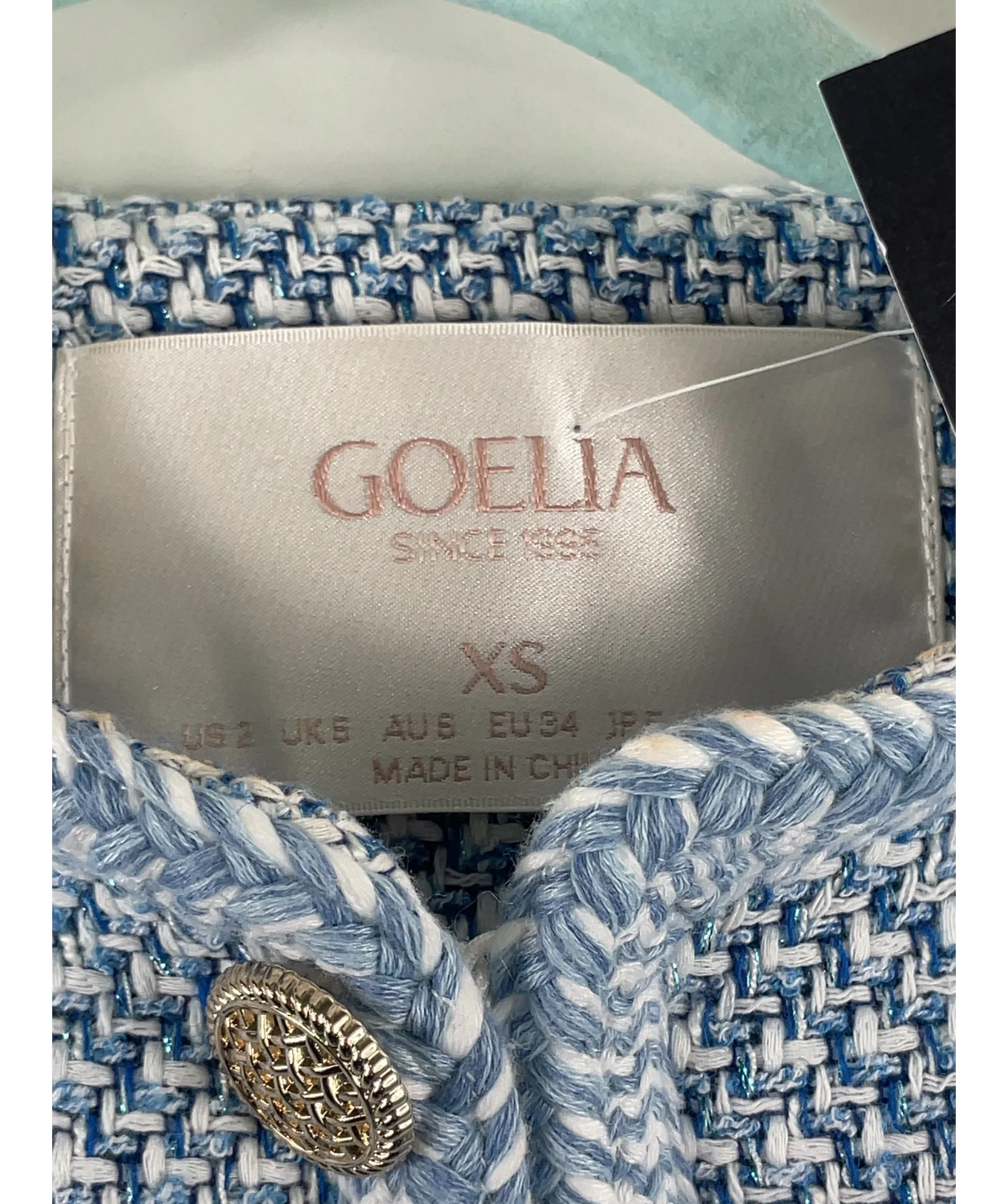 GOELIA Blue Round Neck TWEED Jacket Blue/White, size UK XS — detail