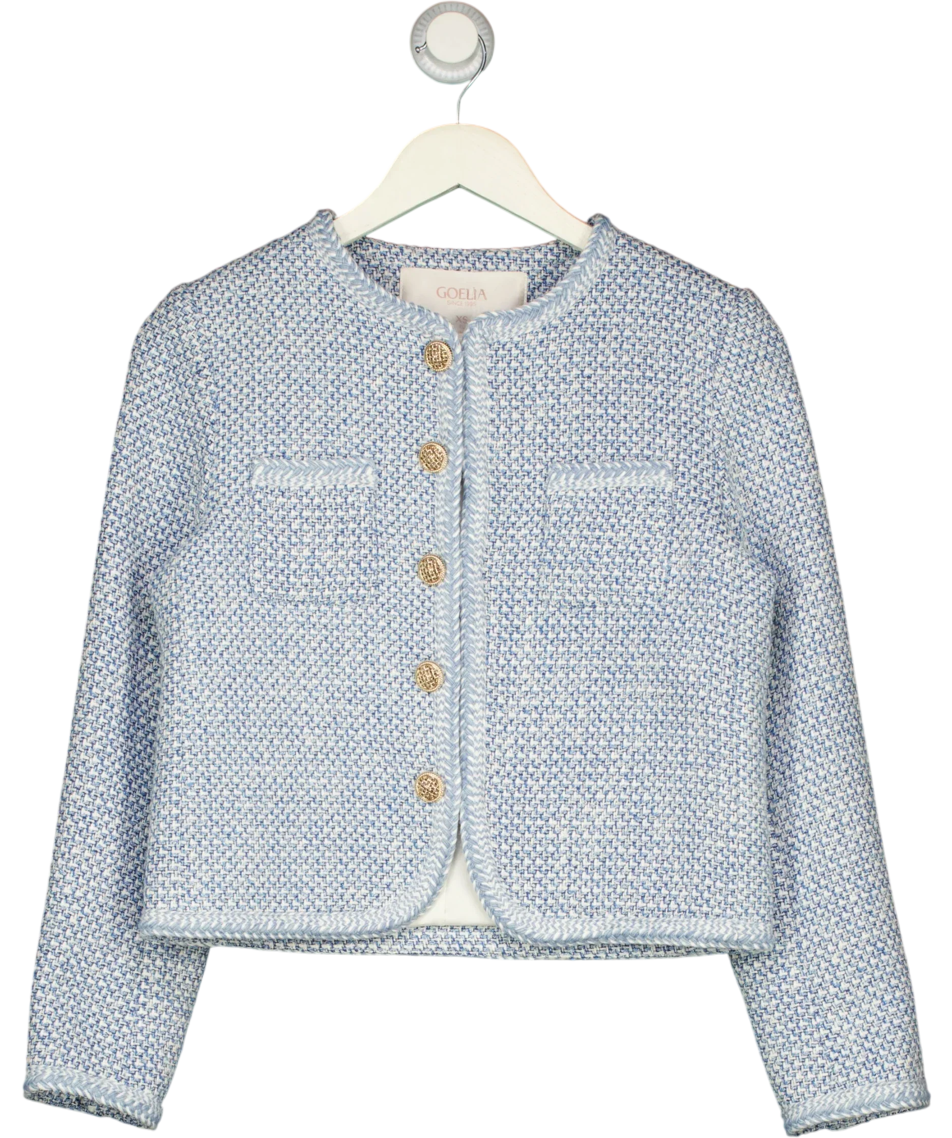 GOELIA Blue Round Neck TWEED Jacket Blue/White, size UK XS — front