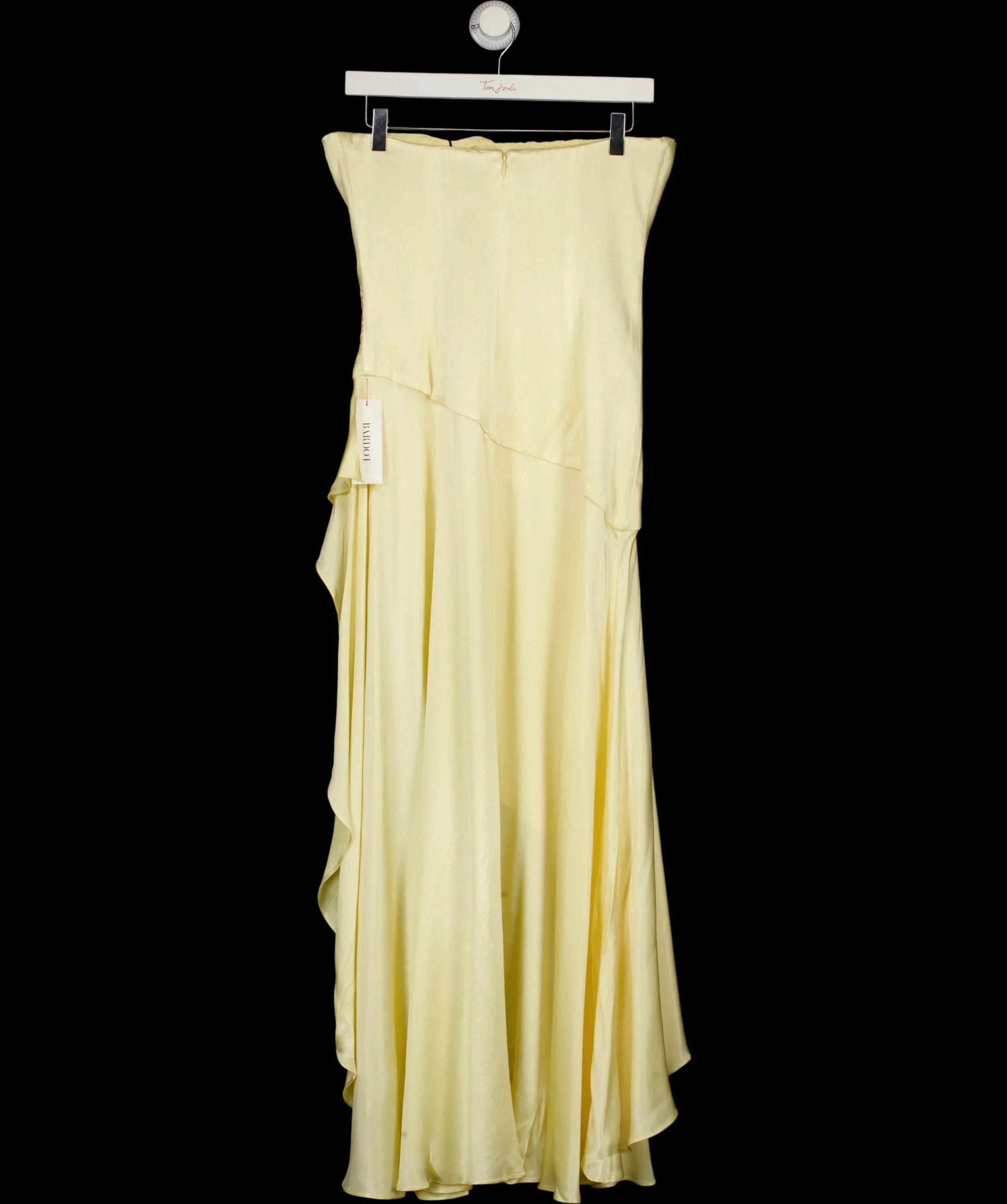 Bardot Yellow Lorenza Asymmetric Ruffle Midi Dress Buttercup Yellow, size UK 8 — label