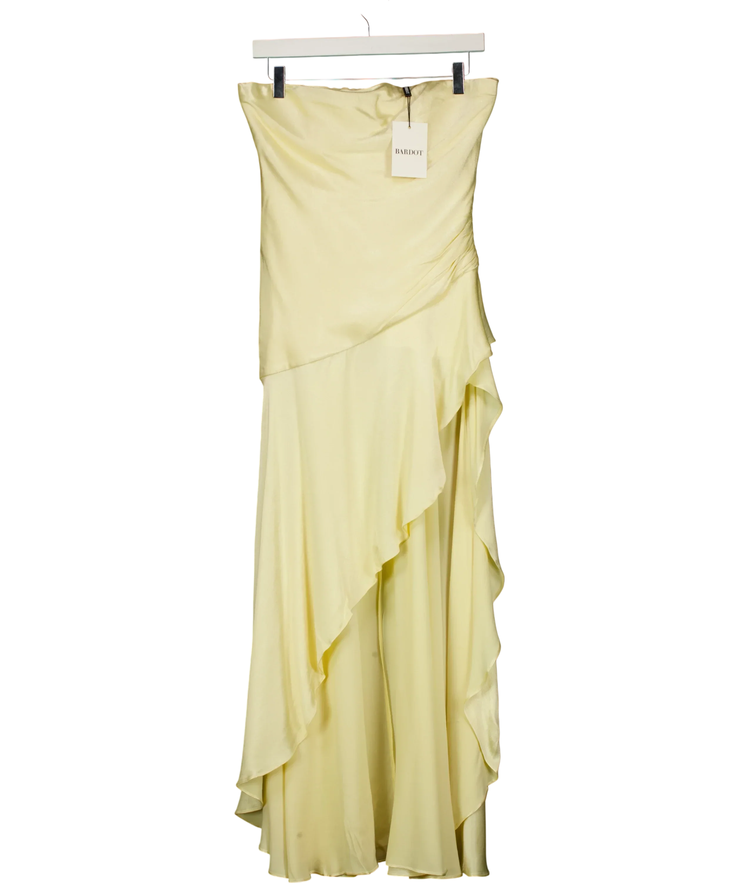 Bardot Yellow Lorenza Asymmetric Ruffle Midi Dress Buttercup Yellow, size UK 8 — front