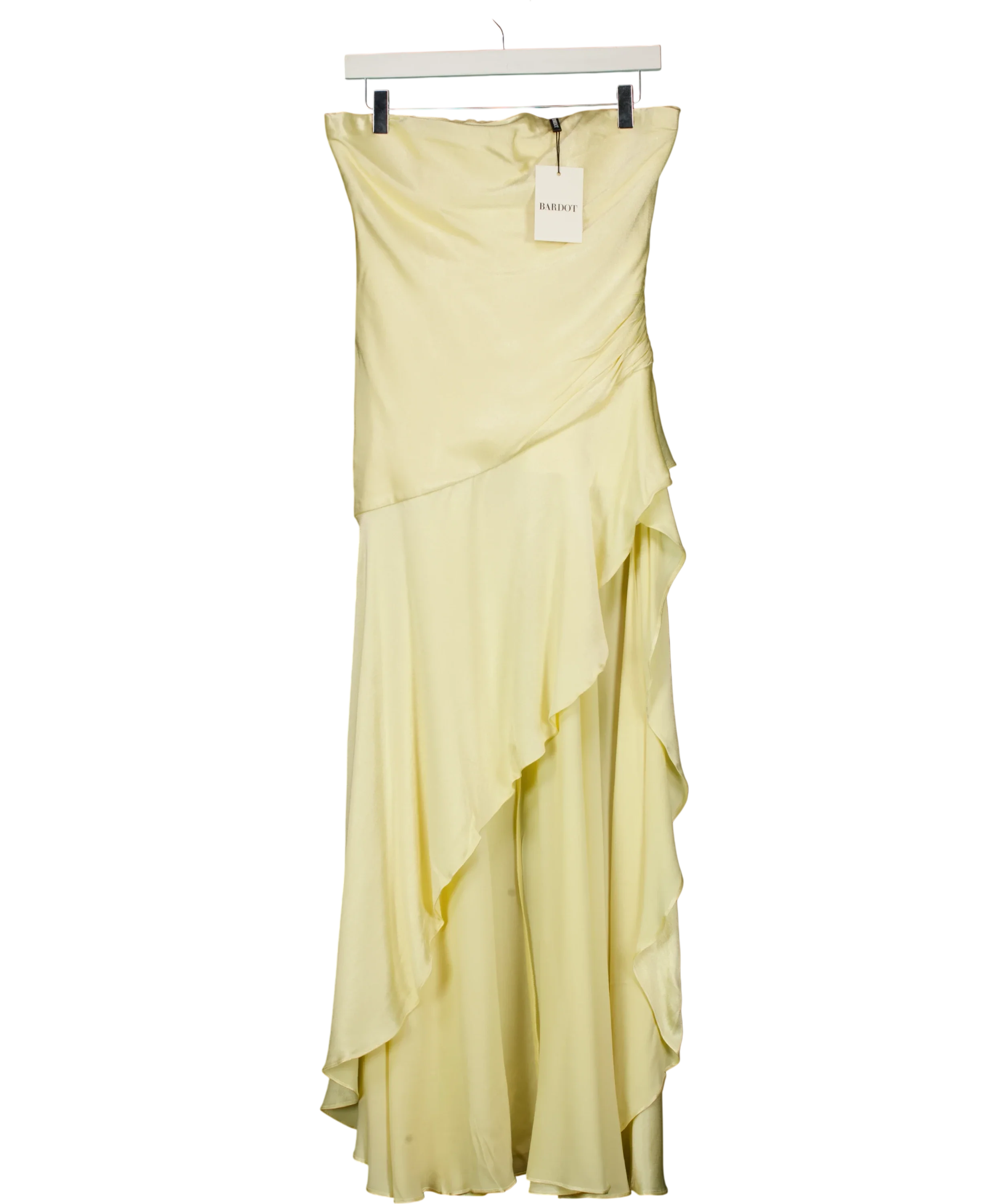 Bardot Yellow Lorenza Asymmetric Ruffle Midi Dress Buttercup Yellow, size UK 8 — front