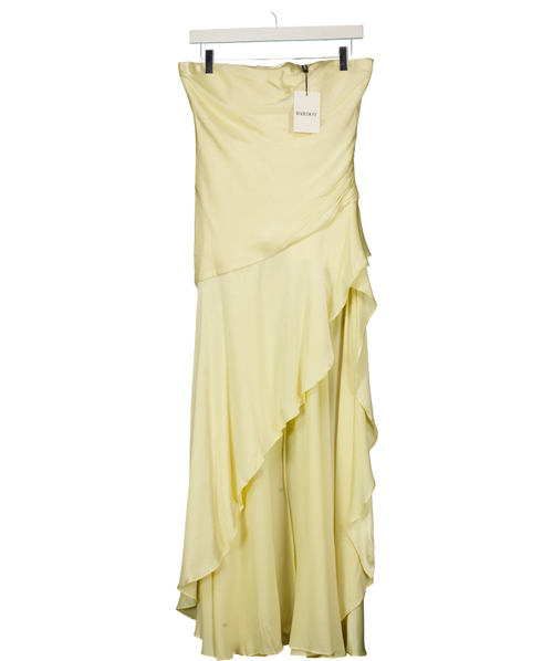 Bardot Yellow Lorenza Asymmetric Ruffle Midi Dress Buttercup Yellow, size UK 8 — front