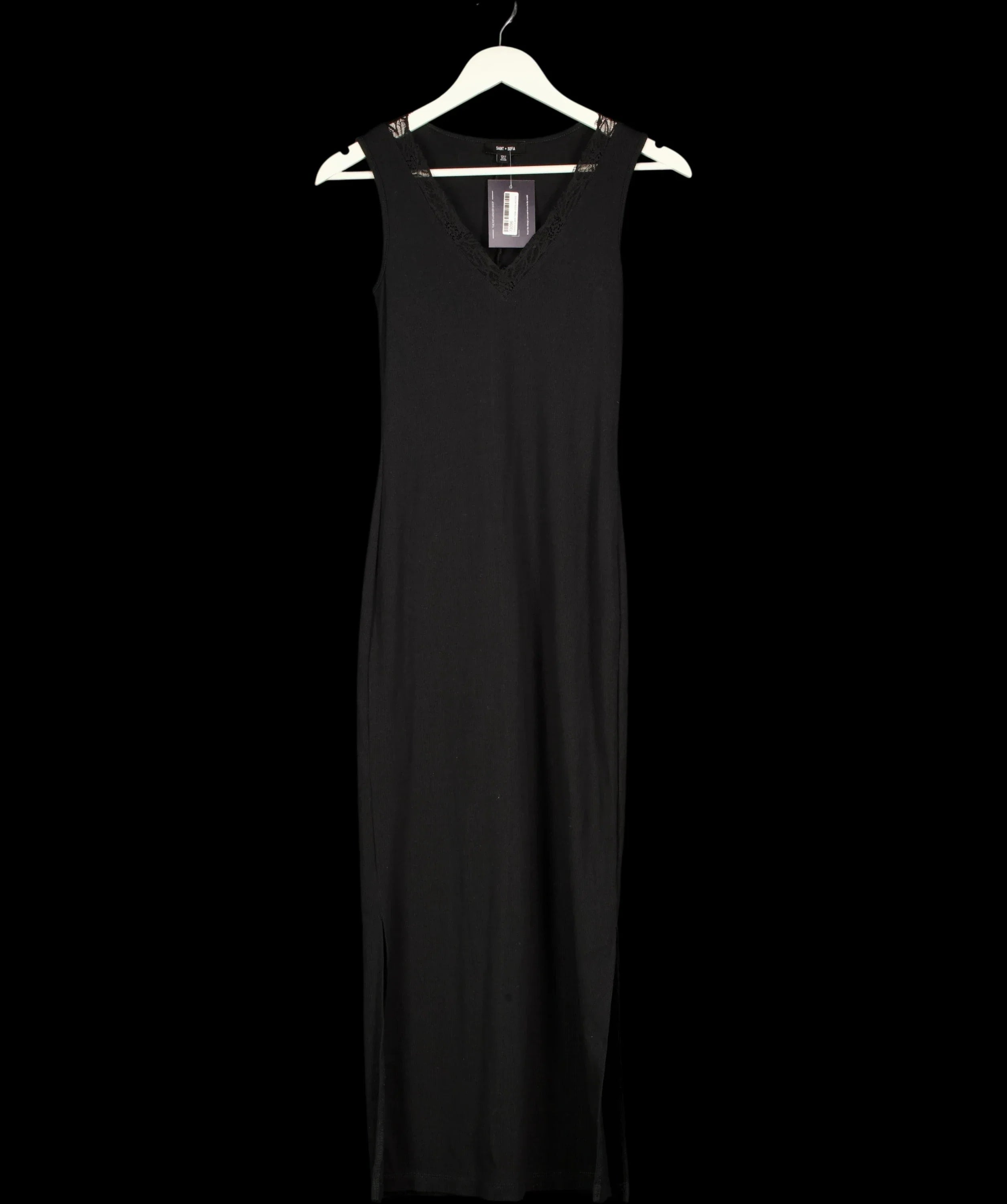 Saint + Sofia Black Andie Lace Trim Sleeveless Maxi Dress Black, size UK 6 — detail
