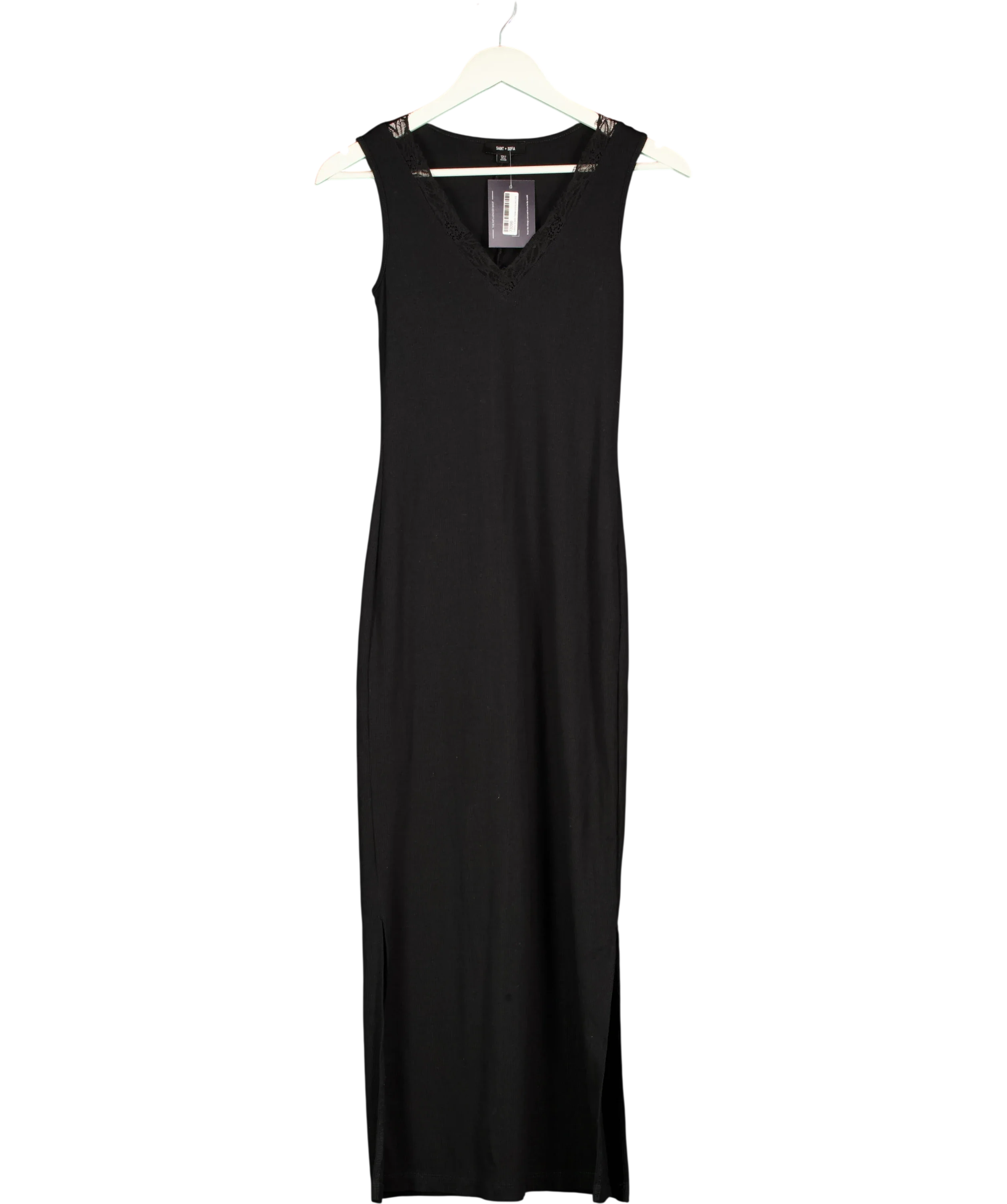 Saint + Sofia Black Andie Lace Trim Sleeveless Maxi Dress Black, size UK 6 — front