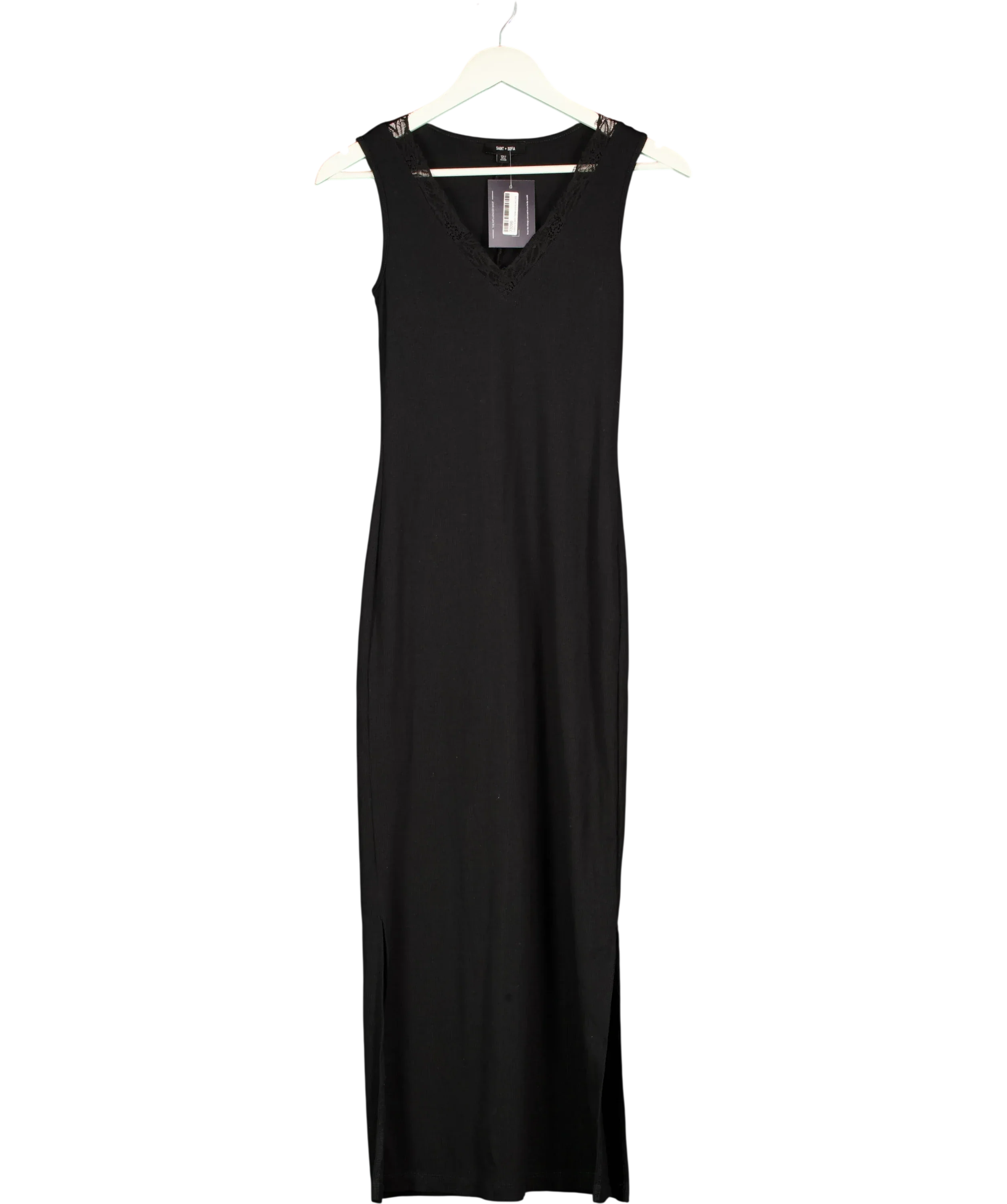 Saint + Sofia Black Andie Lace Trim Sleeveless Maxi Dress Black, size UK 6 — front