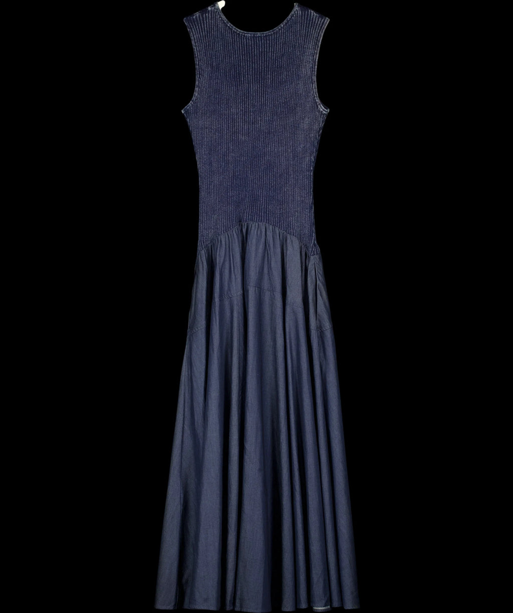 Fabrique Blue x Rebekka Bach Keira Sleeveless Panel Maxi Dress Washed Blue Denim, size UK S — label