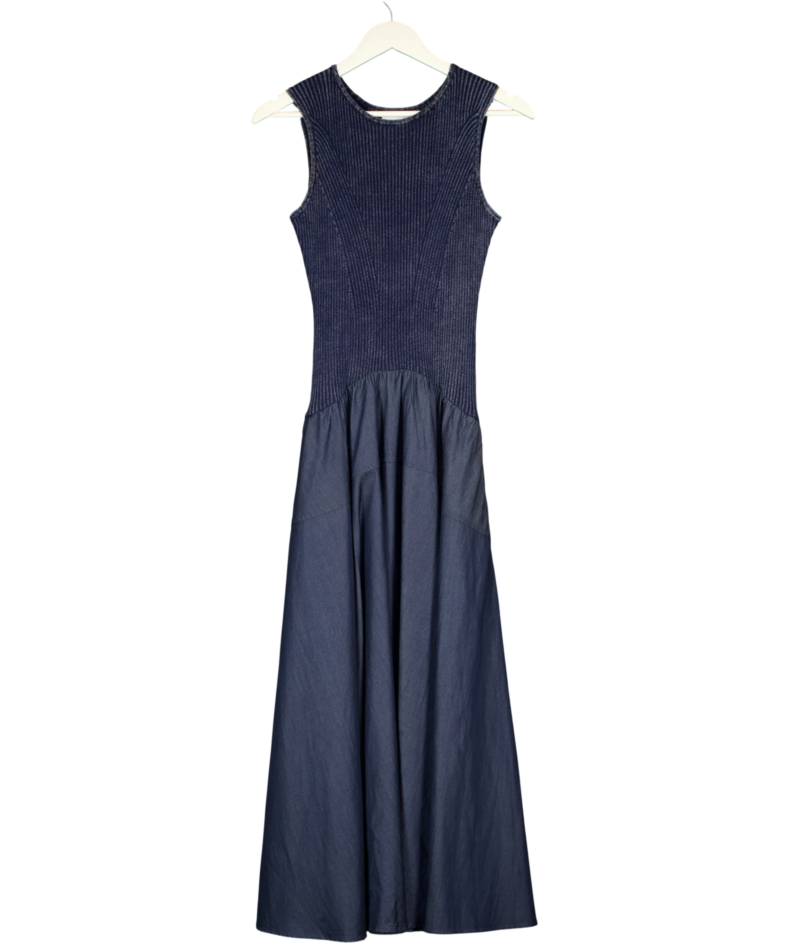 Fabrique Blue x Rebekka Bach Keira Sleeveless Panel Maxi Dress Washed Blue Denim, size UK S — front