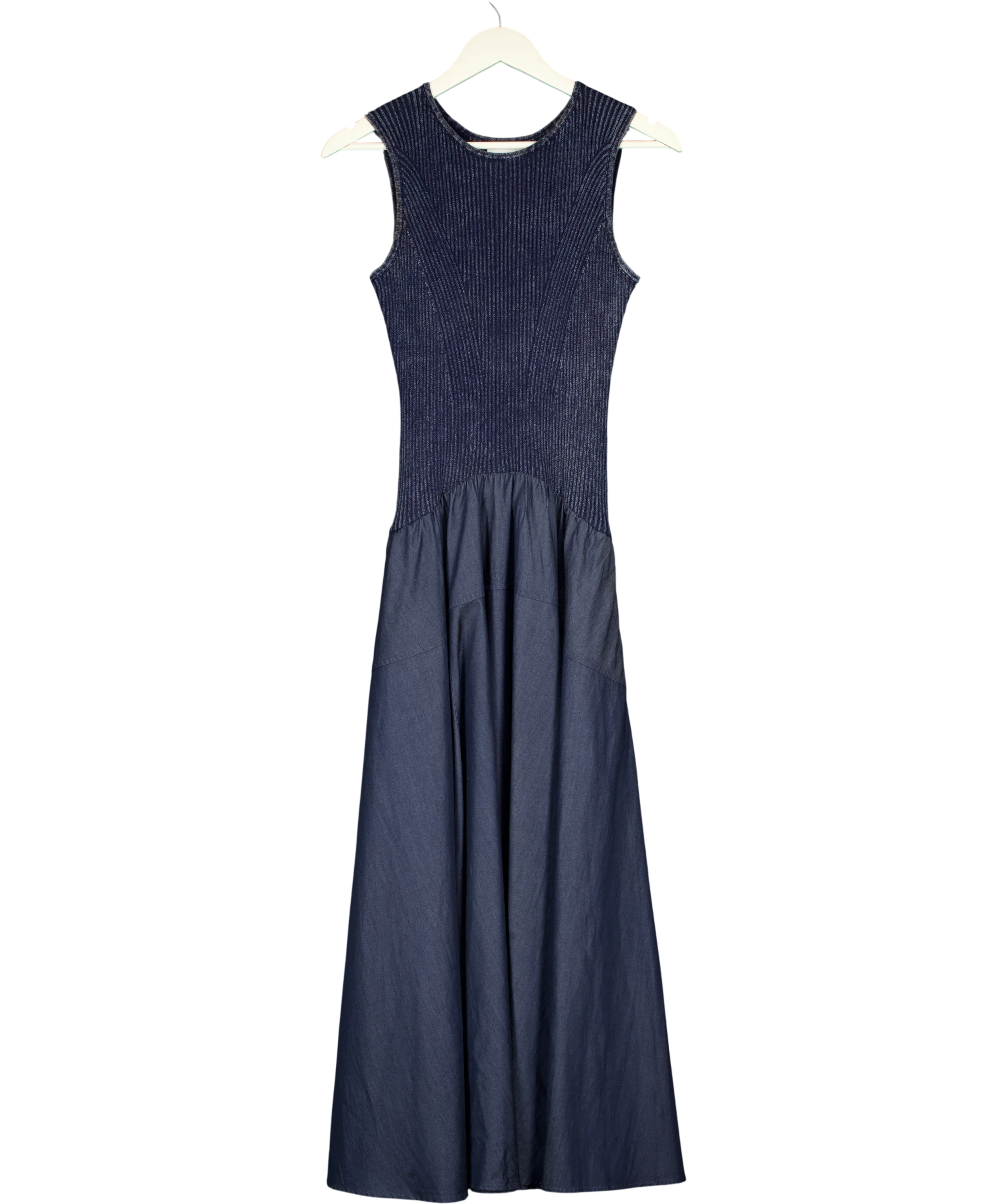 Fabrique Blue x Rebekka Bach Keira Sleeveless Panel Maxi Dress Washed Blue Denim, size UK S — front