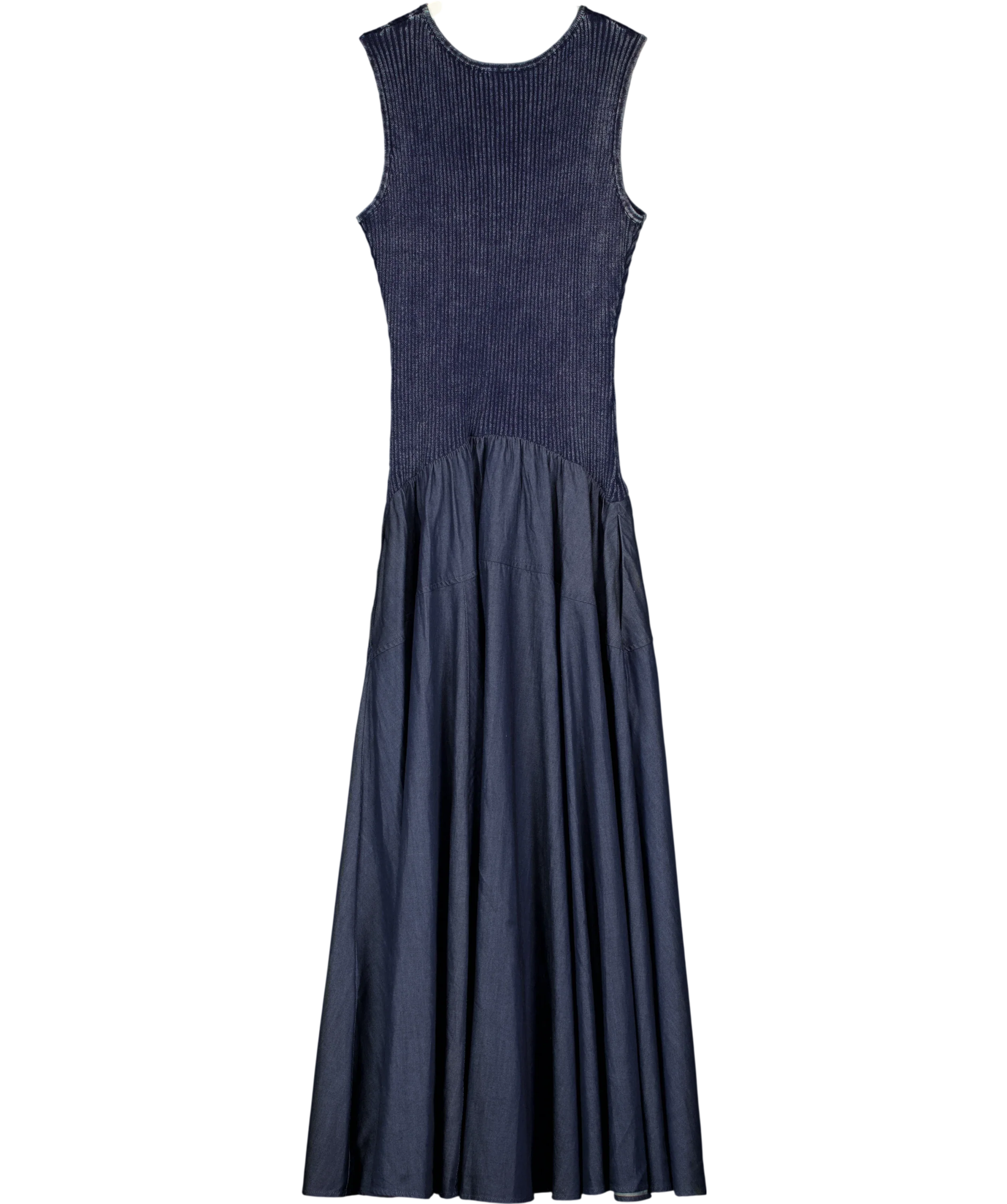 Fabrique Blue x Rebekka Bach Keira Sleeveless Panel Maxi Dress Washed Blue Denim, size UK S — back
