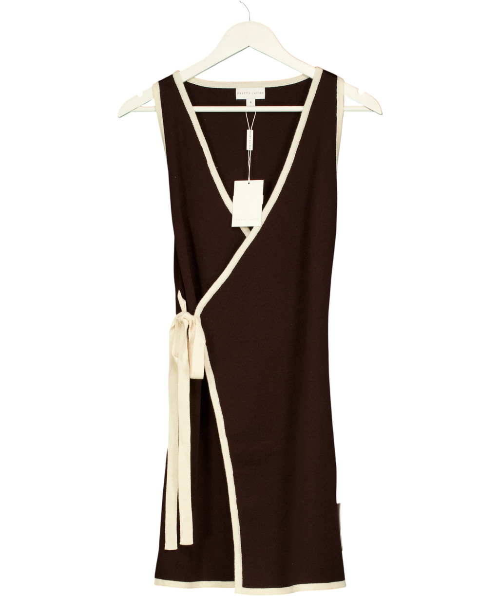 PRETTY LAVISH Brown Olive Contrast Wrap Knit Mini Dress Chocolate brown, size UK S — front