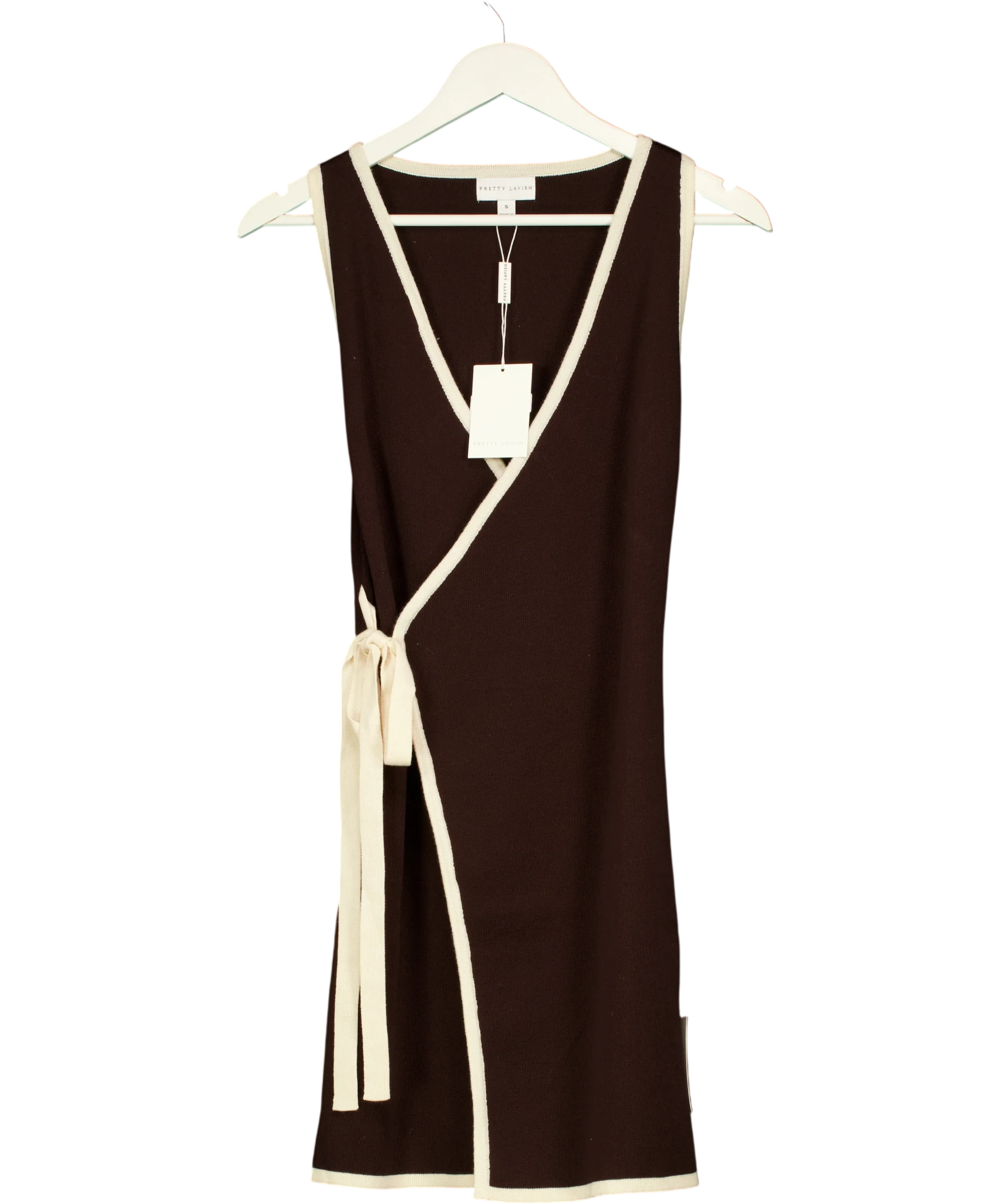 PRETTY LAVISH Brown Olive Contrast Wrap Knit Mini Dress Chocolate brown, size UK S — front