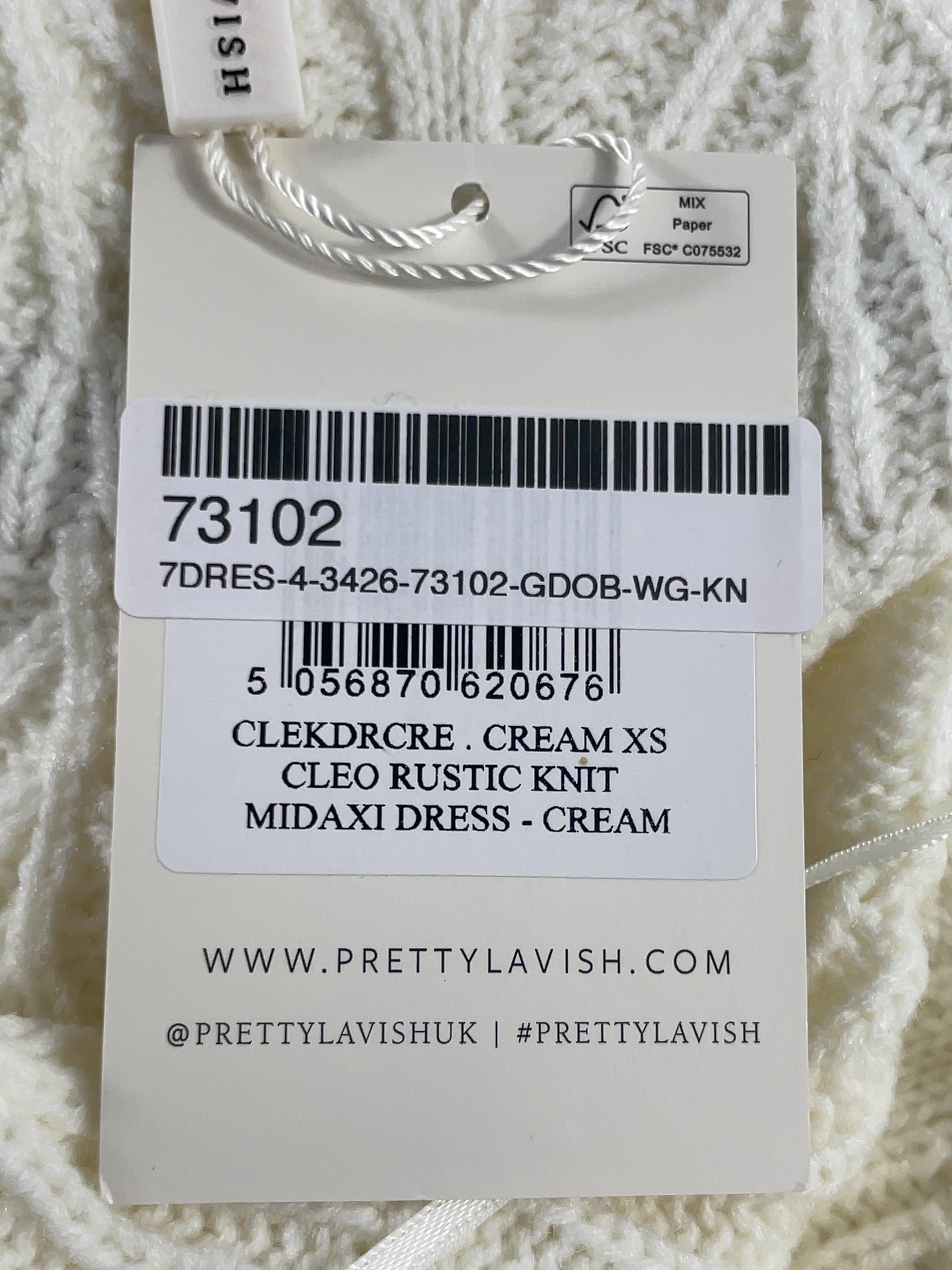 PRETTY LAVISH Cream Cleo Rustic Knit Midaxi Dress Cream, size UK XS — care label