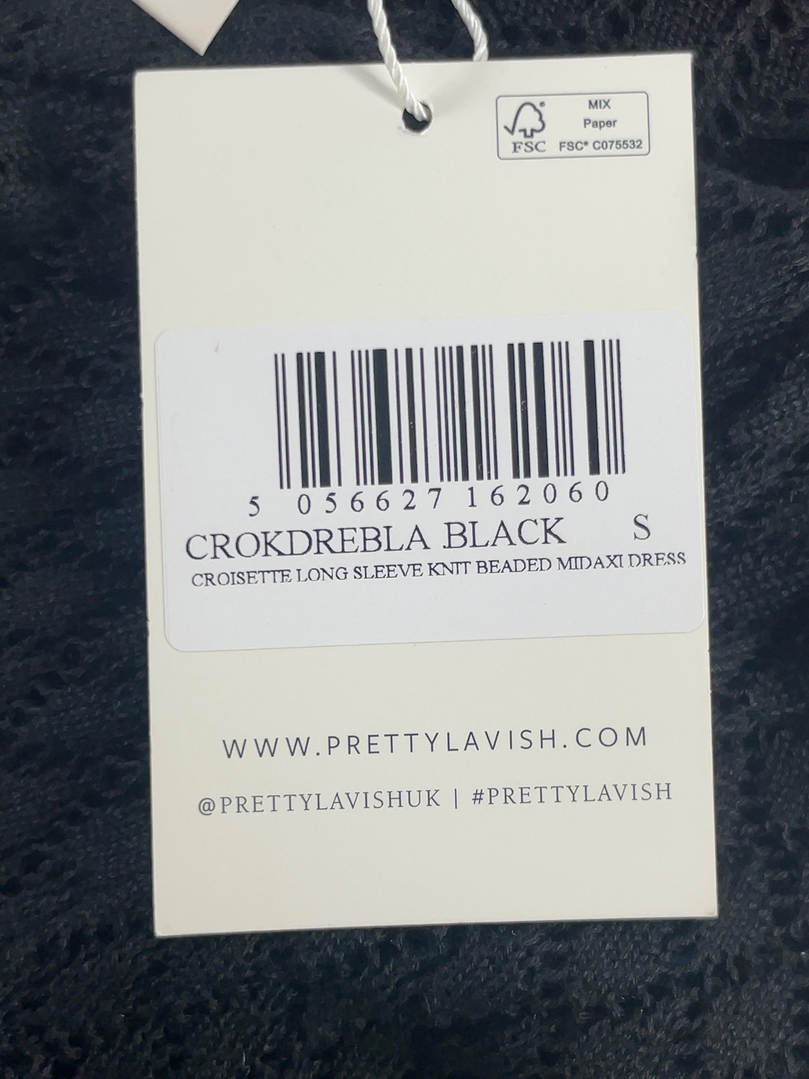 PRETTY LAVISH Black Croisette Long Sleeve Knit Beaded Midaxi Dress Black, size UK S — care label