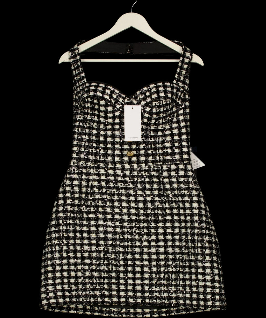 NADINE MERABI Black BLACK / WHITE  Esme Check Bouclé-Tweed Mini Dress Monochrome, size UK 10 — detail