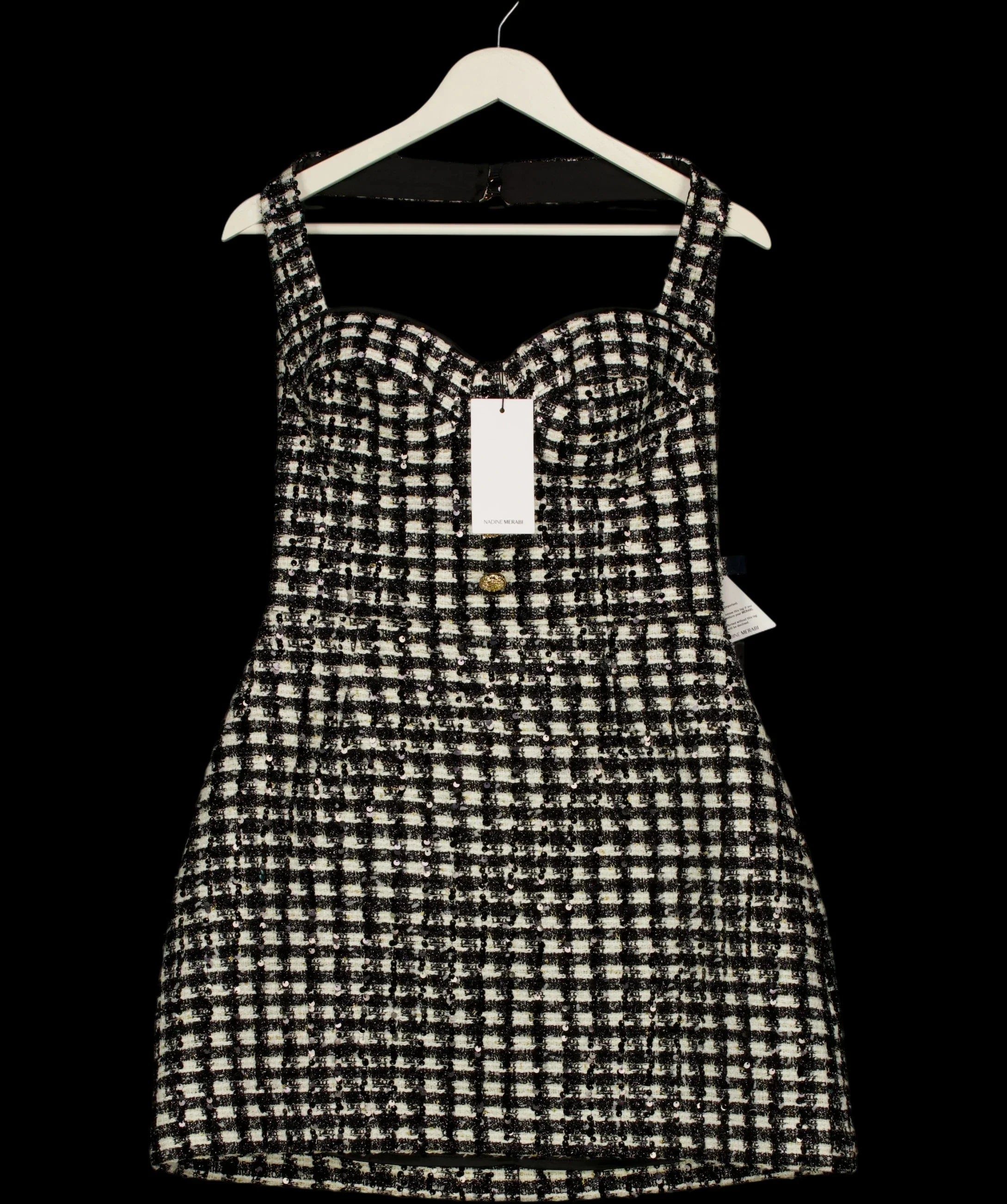 NADINE MERABI Black BLACK / WHITE  Esme Check Bouclé-Tweed Mini Dress Monochrome, size UK 10 — detail