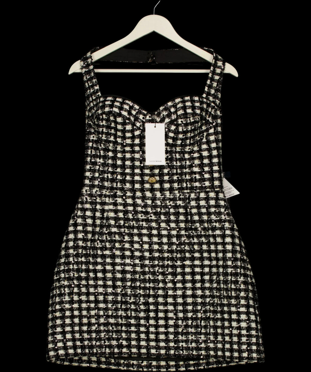 NADINE MERABI Black BLACK / WHITE  Esme Check Bouclé-Tweed Mini Dress Monochrome, size UK 10 — detail