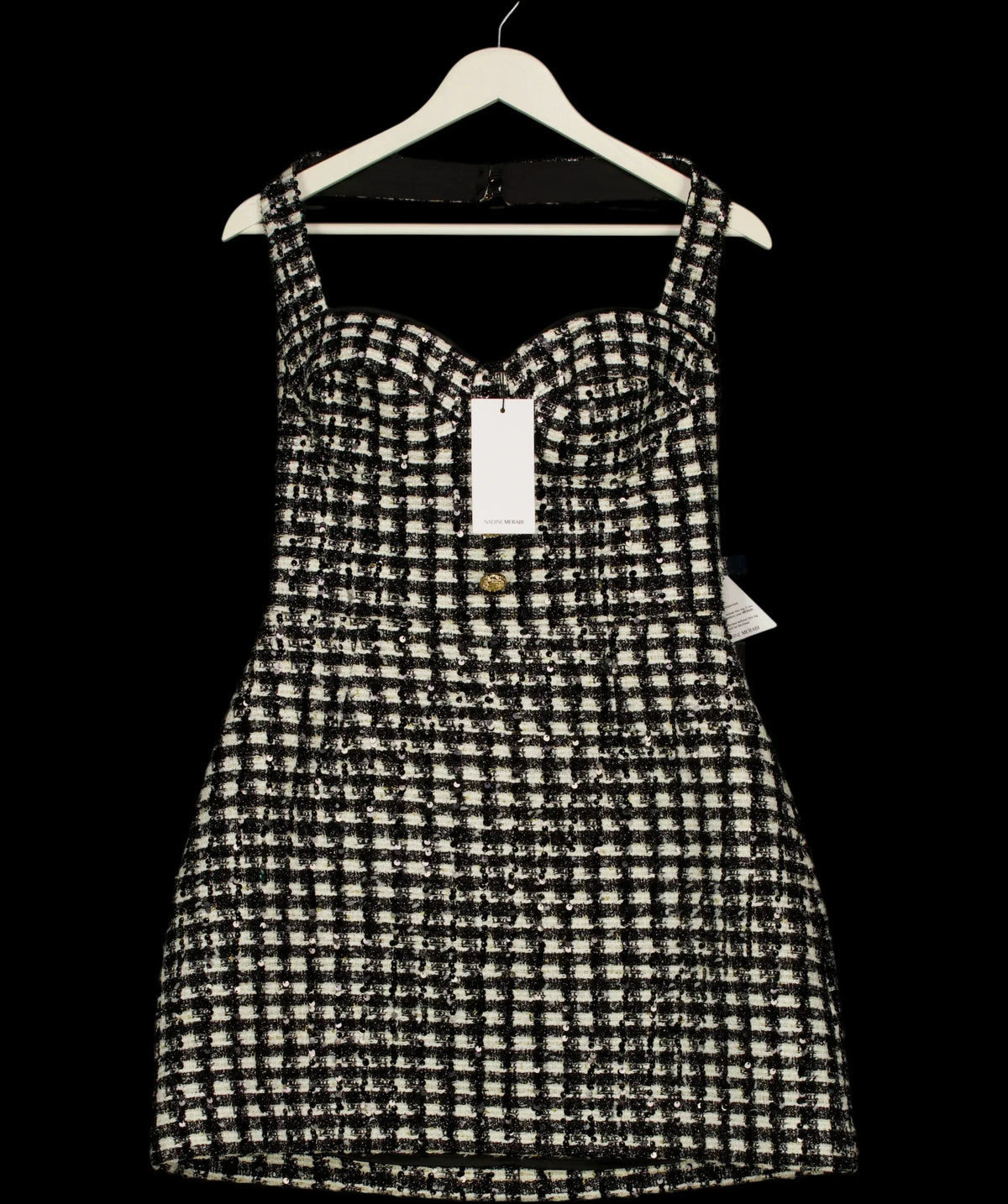 NADINE MERABI Black BLACK / WHITE  Esme Check Bouclé-Tweed Mini Dress Monochrome, size UK 10 — detail
