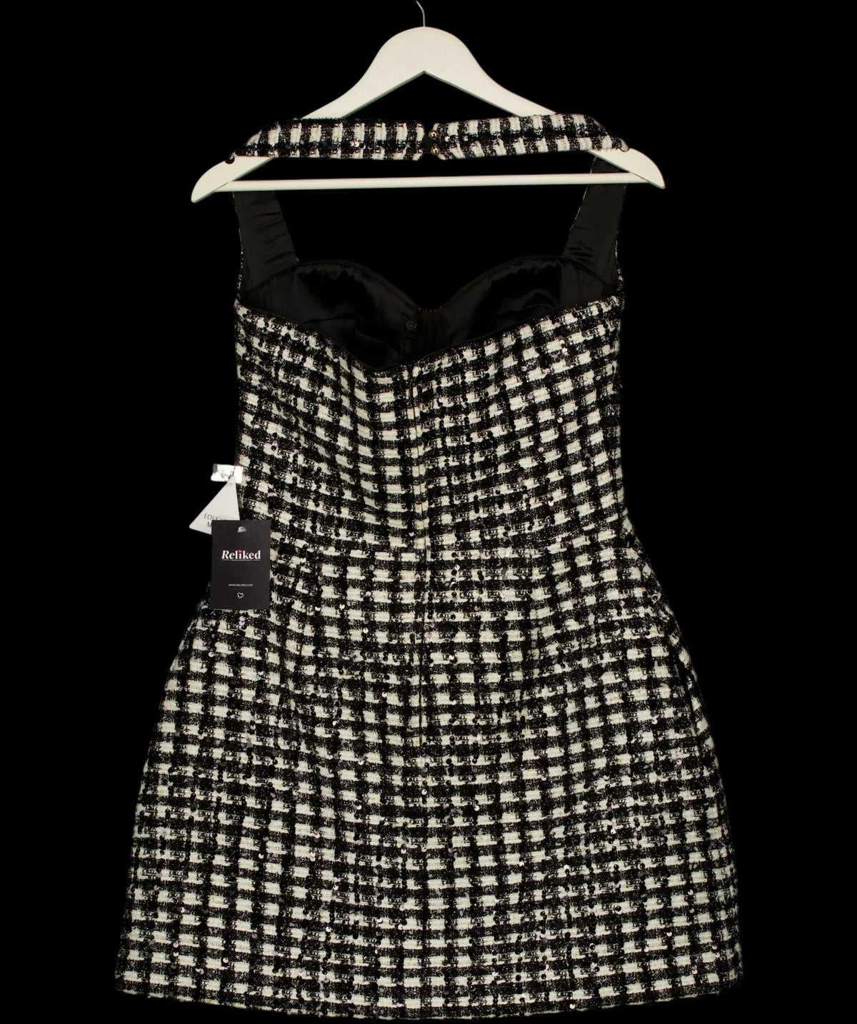 NADINE MERABI Black BLACK / WHITE  Esme Check Bouclé-Tweed Mini Dress Monochrome, size UK 10 — label
