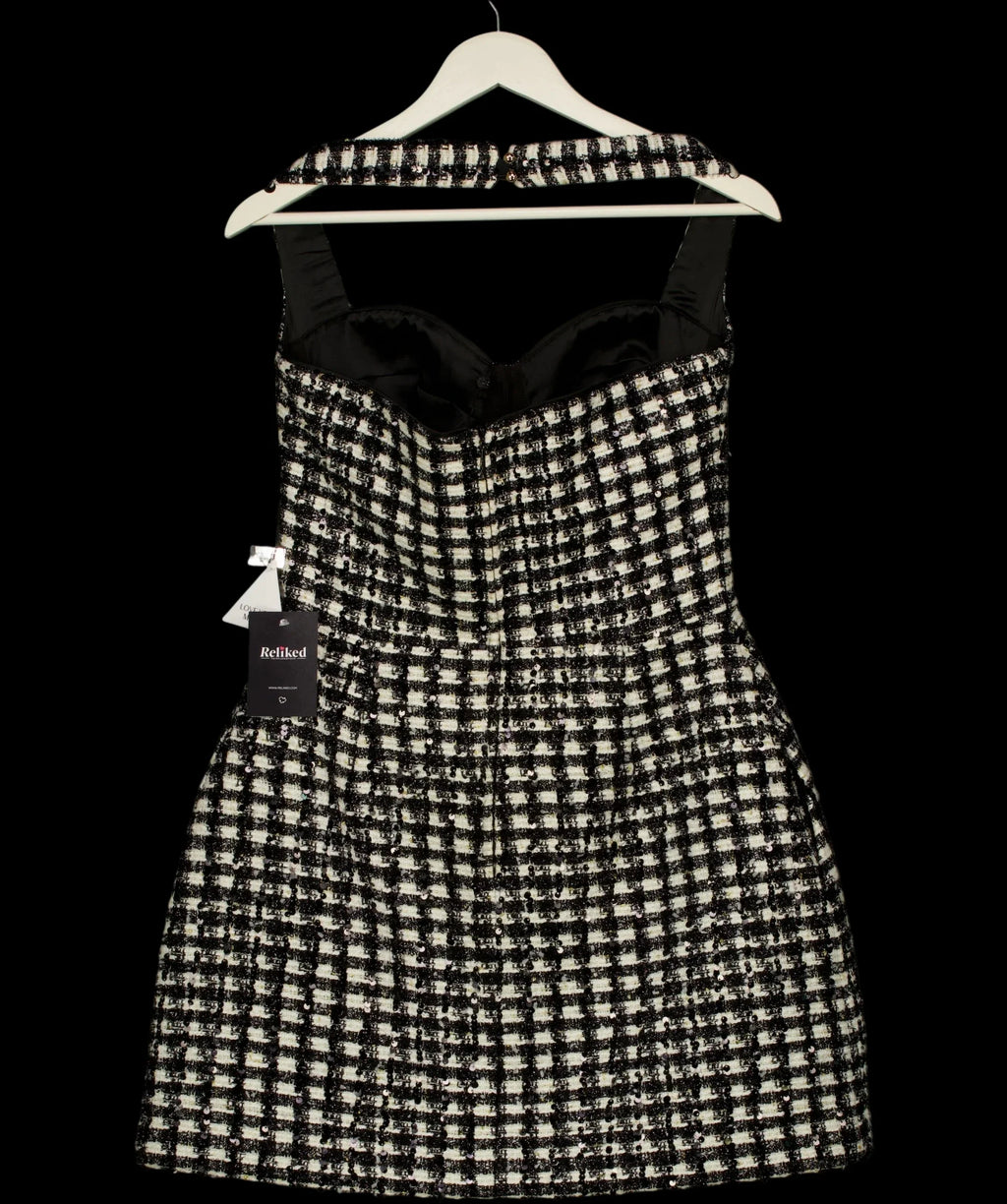 NADINE MERABI Black BLACK / WHITE  Esme Check Bouclé-Tweed Mini Dress Monochrome, size UK 10 — label